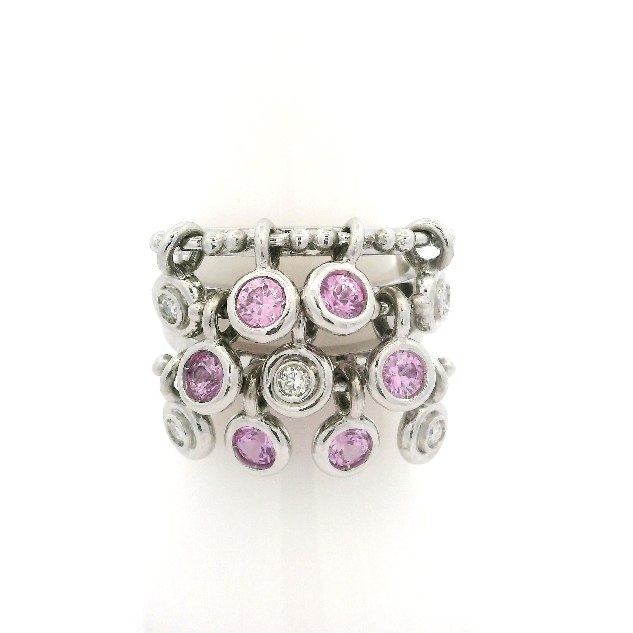 White Gold 1.18ctw Pink Sapphire & Diamond Dangle 11.4mm Wide Confetti Band Ring For Sale 9