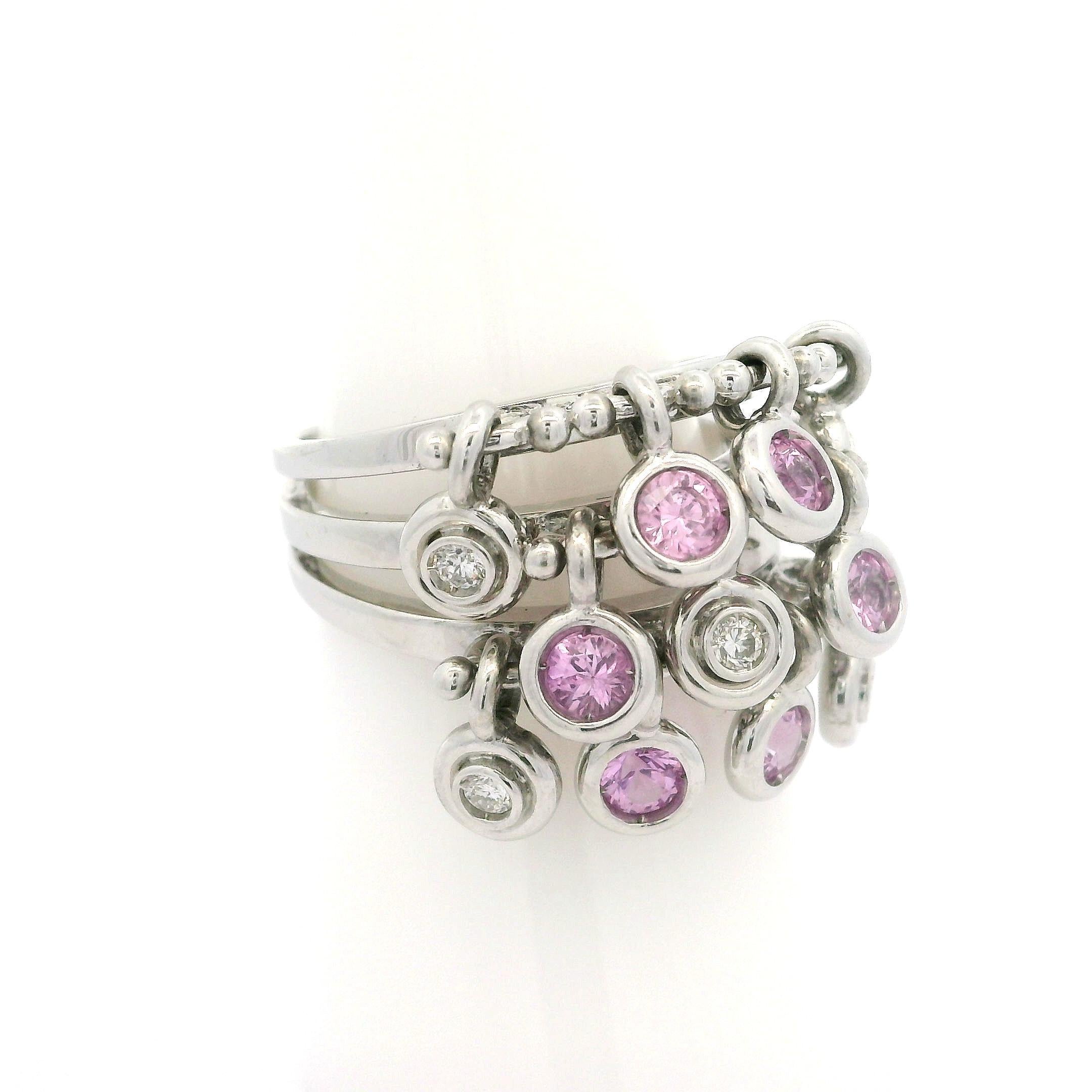 White Gold 1.18ctw Pink Sapphire & Diamond Dangle 11.4mm Wide Confetti Band Ring For Sale 10