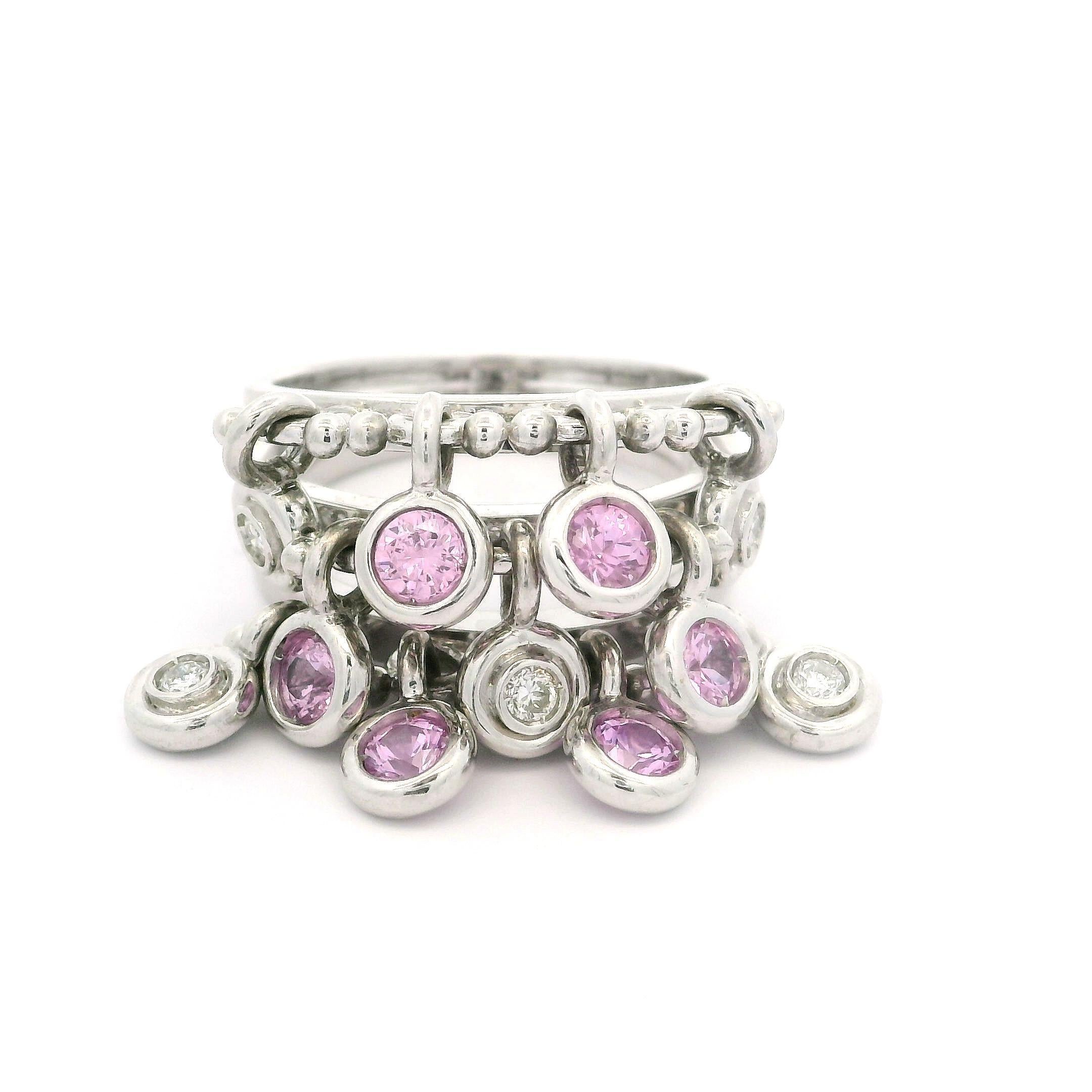 White Gold 1.18ctw Pink Sapphire & Diamond Dangle 11.4mm Wide Confetti Band Ring For Sale 11