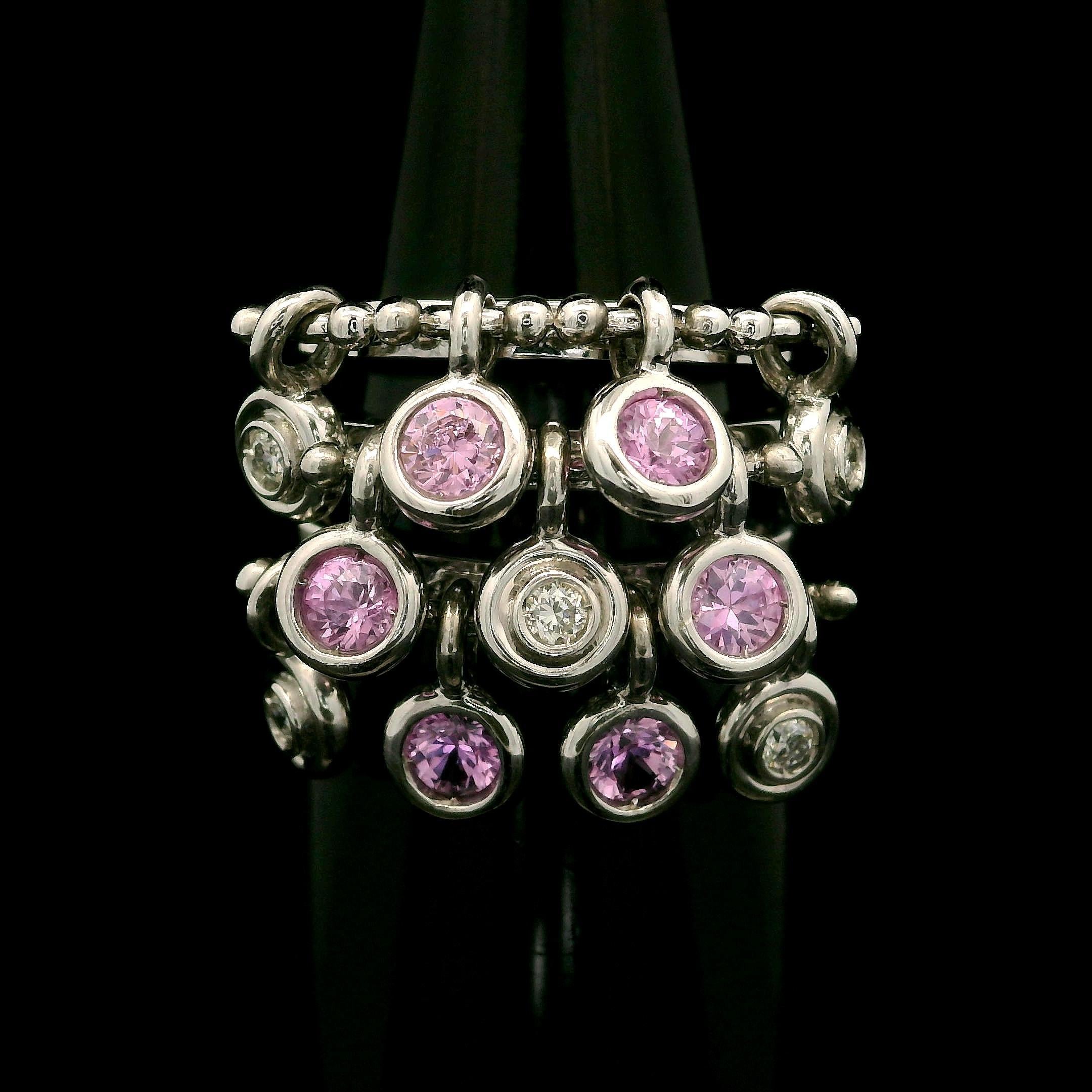 White Gold 1.18ctw Pink Sapphire & Diamond Dangle 11.4mm Wide Confetti Band Ring For Sale 12