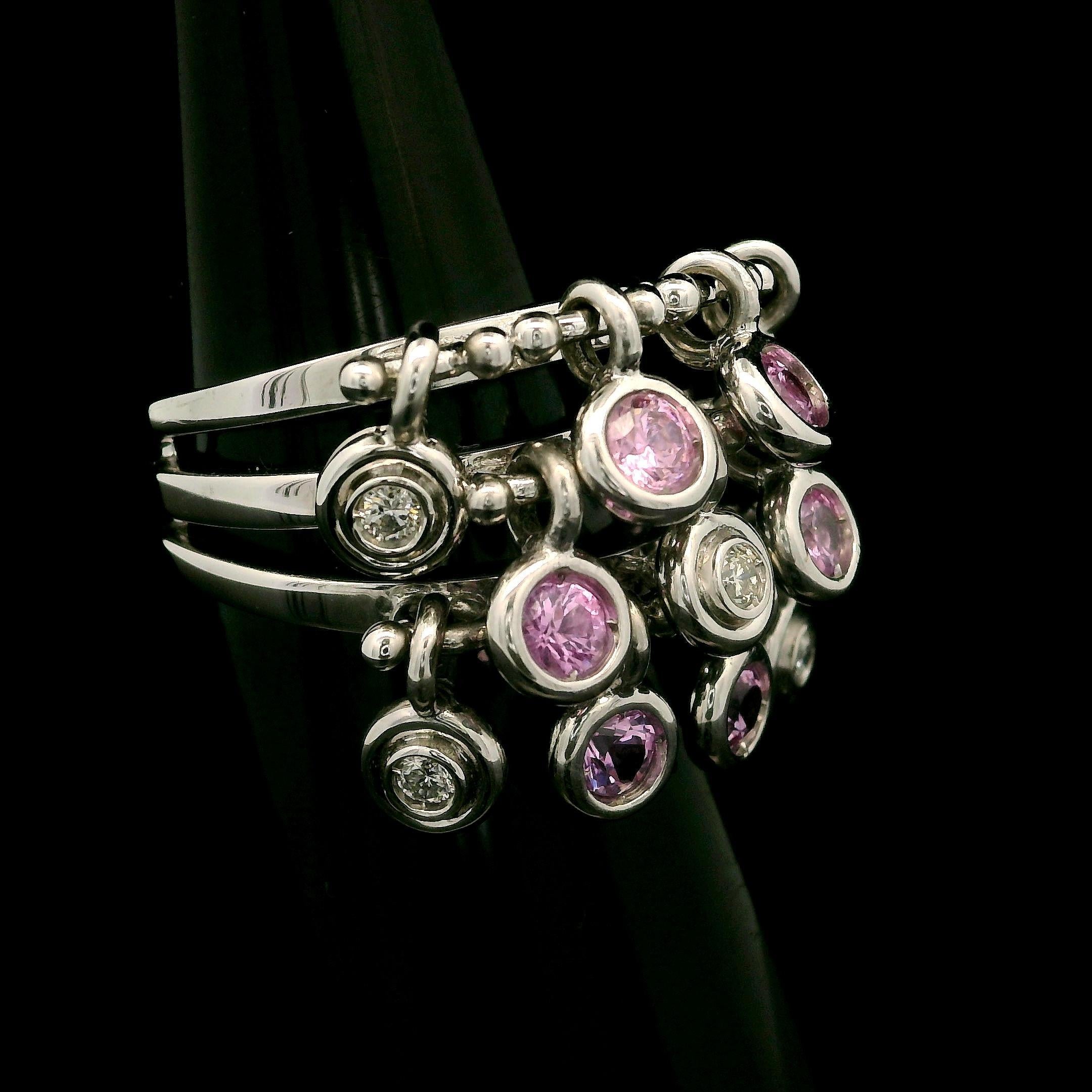 Brilliant Cut White Gold 1.18ctw Pink Sapphire & Diamond Dangle 11.4mm Wide Confetti Band Ring For Sale