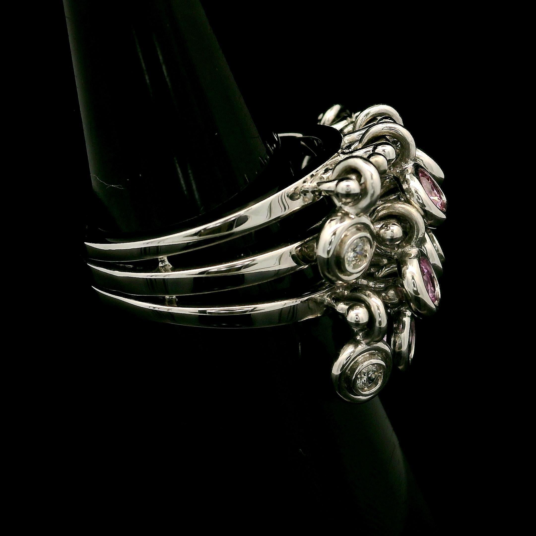 White Gold 1.18ctw Pink Sapphire & Diamond Dangle 11.4mm Wide Confetti Band Ring In Excellent Condition For Sale In Montclair, NJ