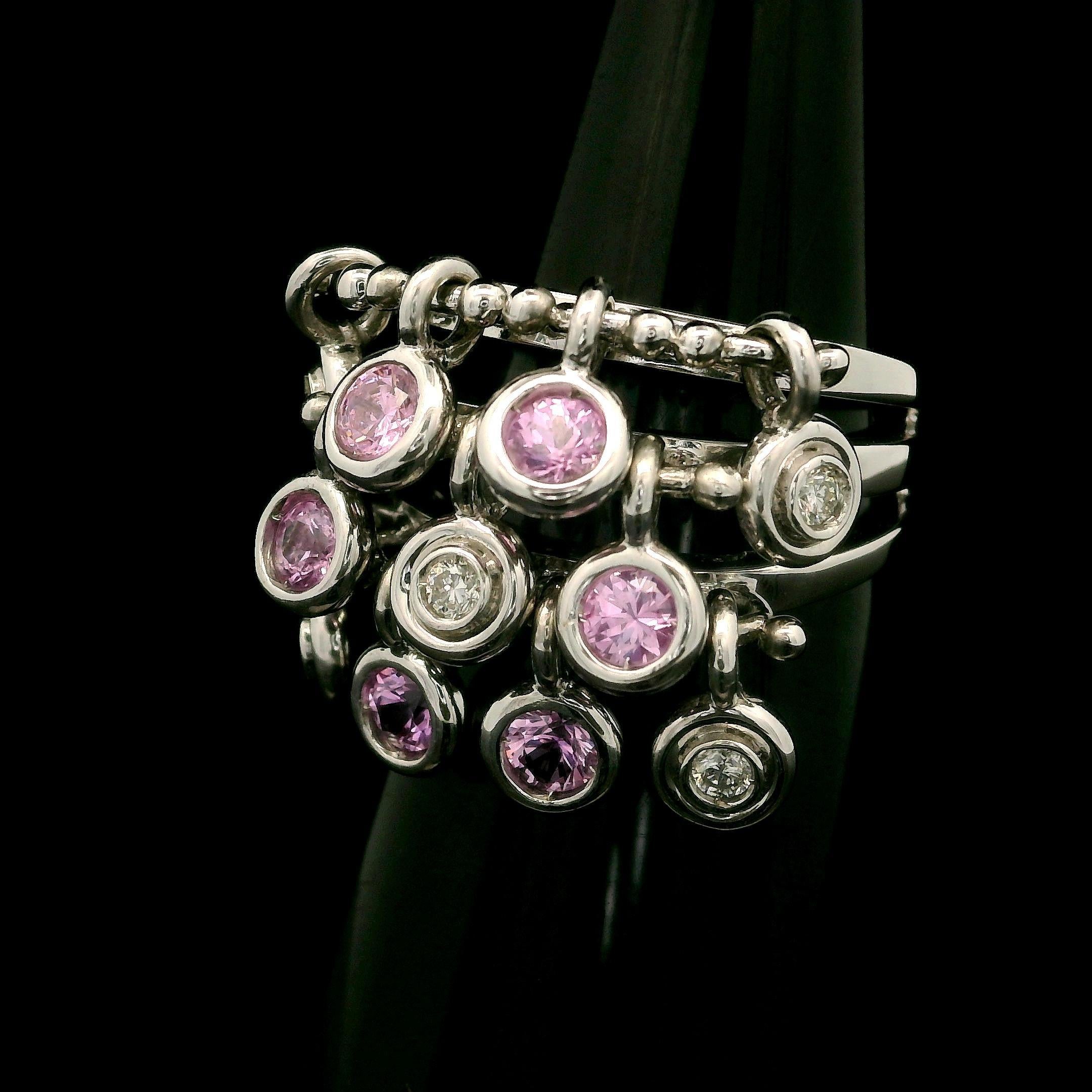 Women's White Gold 1.18ctw Pink Sapphire & Diamond Dangle 11.4mm Wide Confetti Band Ring For Sale