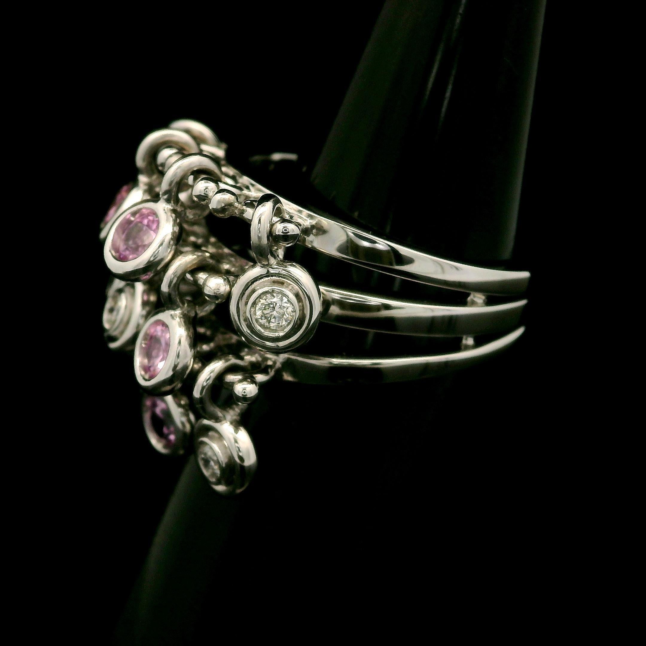 White Gold 1.18ctw Pink Sapphire & Diamond Dangle 11.4mm Wide Confetti Band Ring For Sale 1