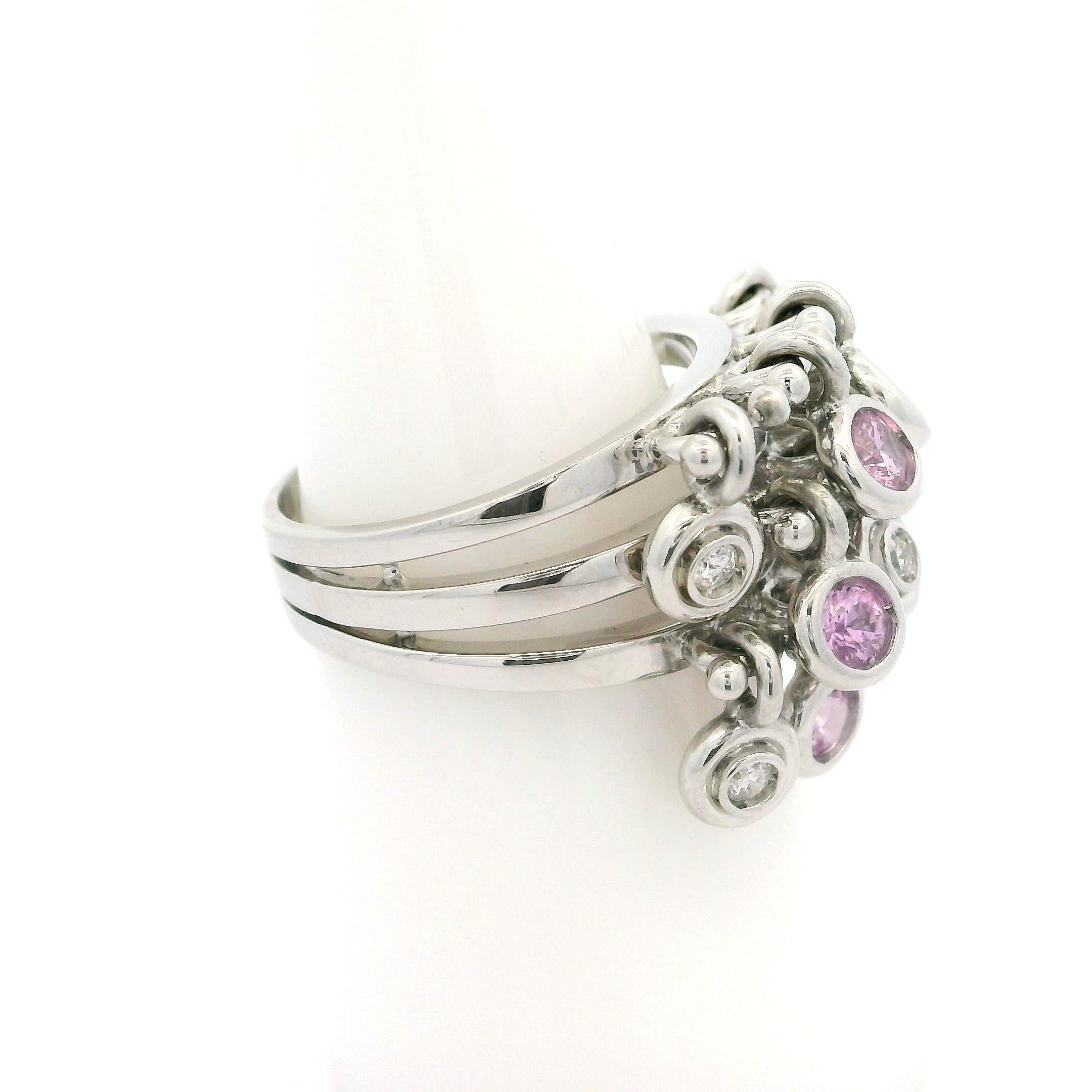 White Gold 1.18ctw Pink Sapphire & Diamond Dangle 11.4mm Wide Confetti Band Ring For Sale 3
