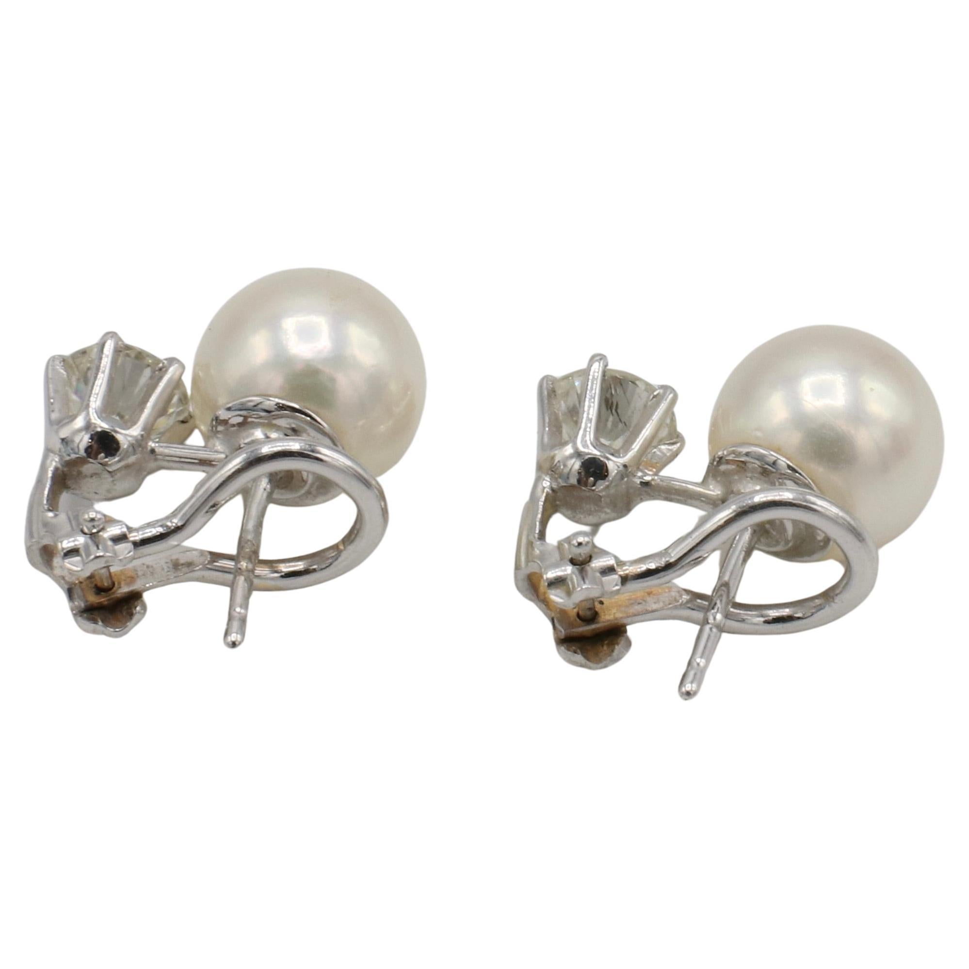 Modern White Gold 1.20 Carat Natural Round Diamond & Cultured Pearl Earrings For Sale