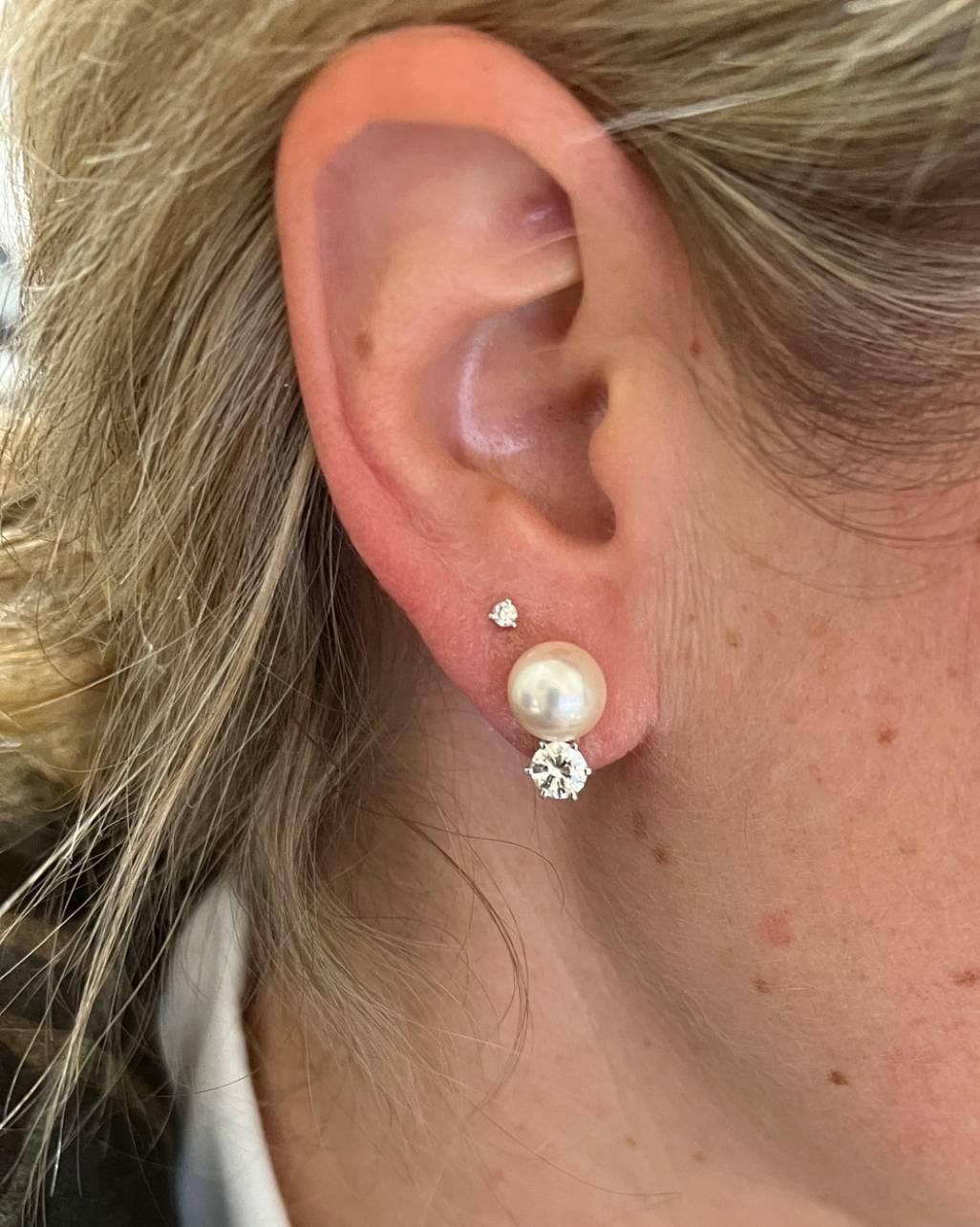 Round Cut White Gold 1.20 Carat Natural Round Diamond & Cultured Pearl Earrings For Sale
