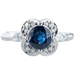 White Gold 1.20 Carat Round Blue Sapphire Floral Halo Ring with Diamond Accents