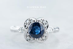 White Gold 1.20 Carat Round Blue Sapphire Floral Halo Ring with Diamond Accents