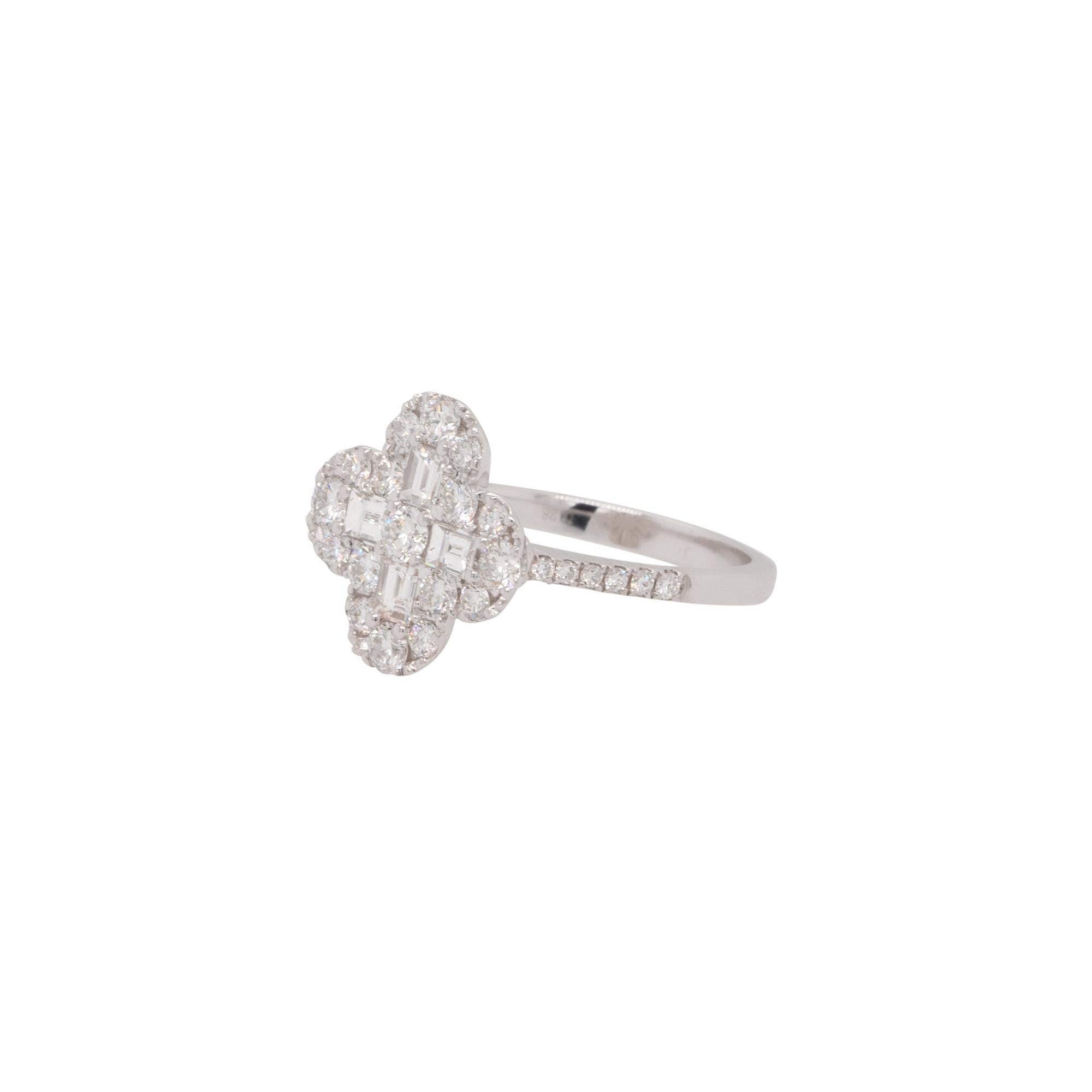 Round Cut 1.28 Carat Round & Baguette Diamond Pave Clover Ring 18 Karat In Stock For Sale