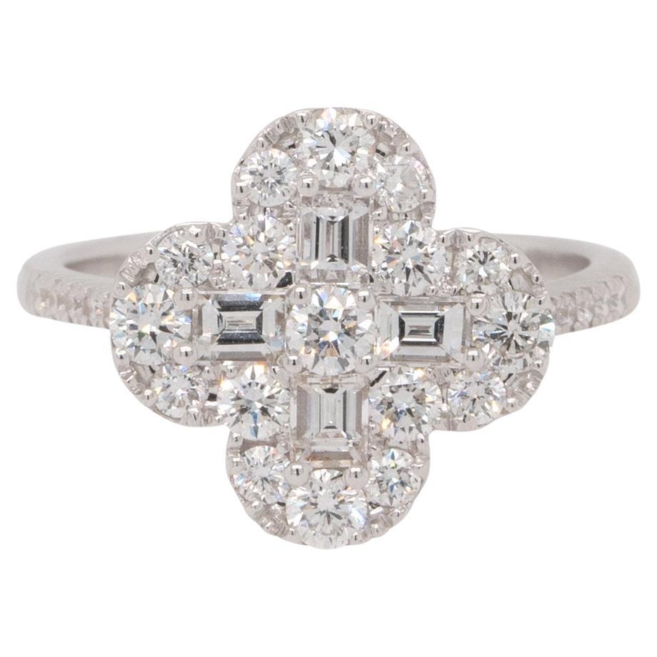 1.28 Carat Round & Baguette Diamond Pave Clover Ring 18 Karat In Stock For Sale