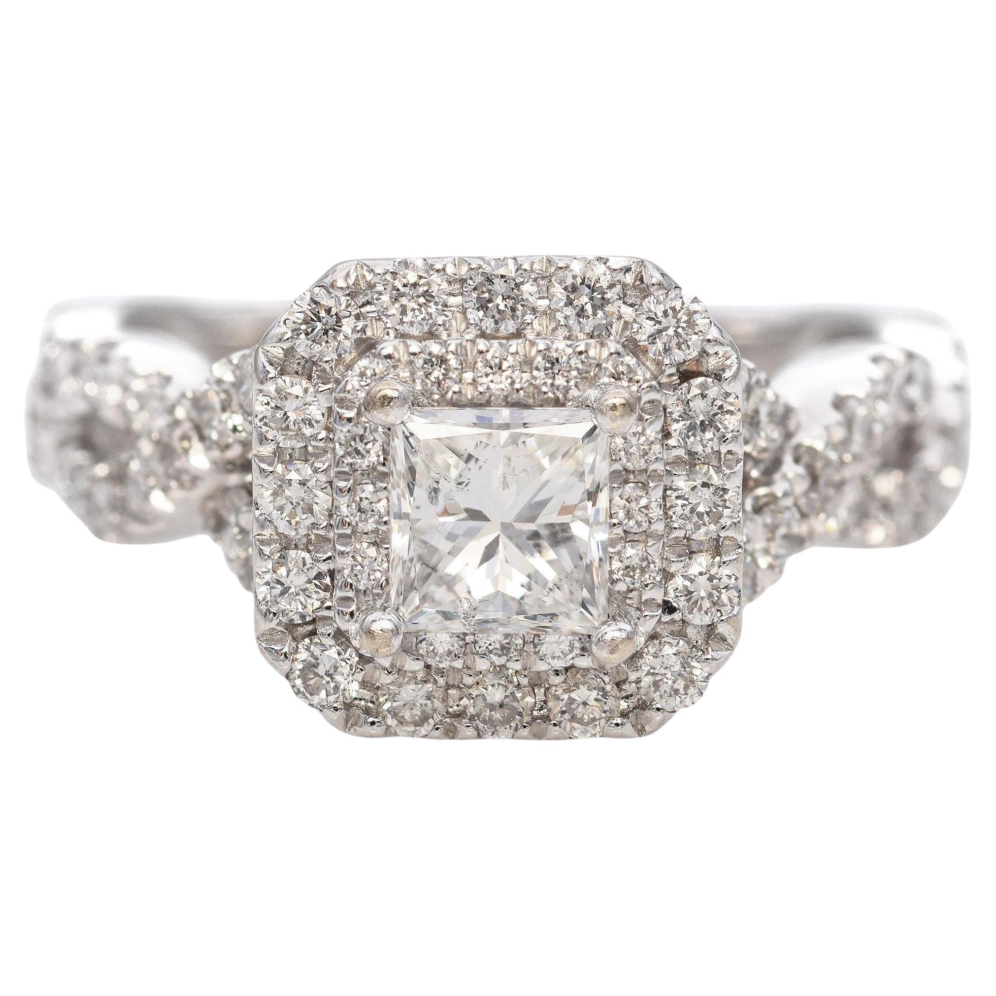 White Gold 1.32tcw Diamond Halo Engagement Ring with Sapphire Accent Stones