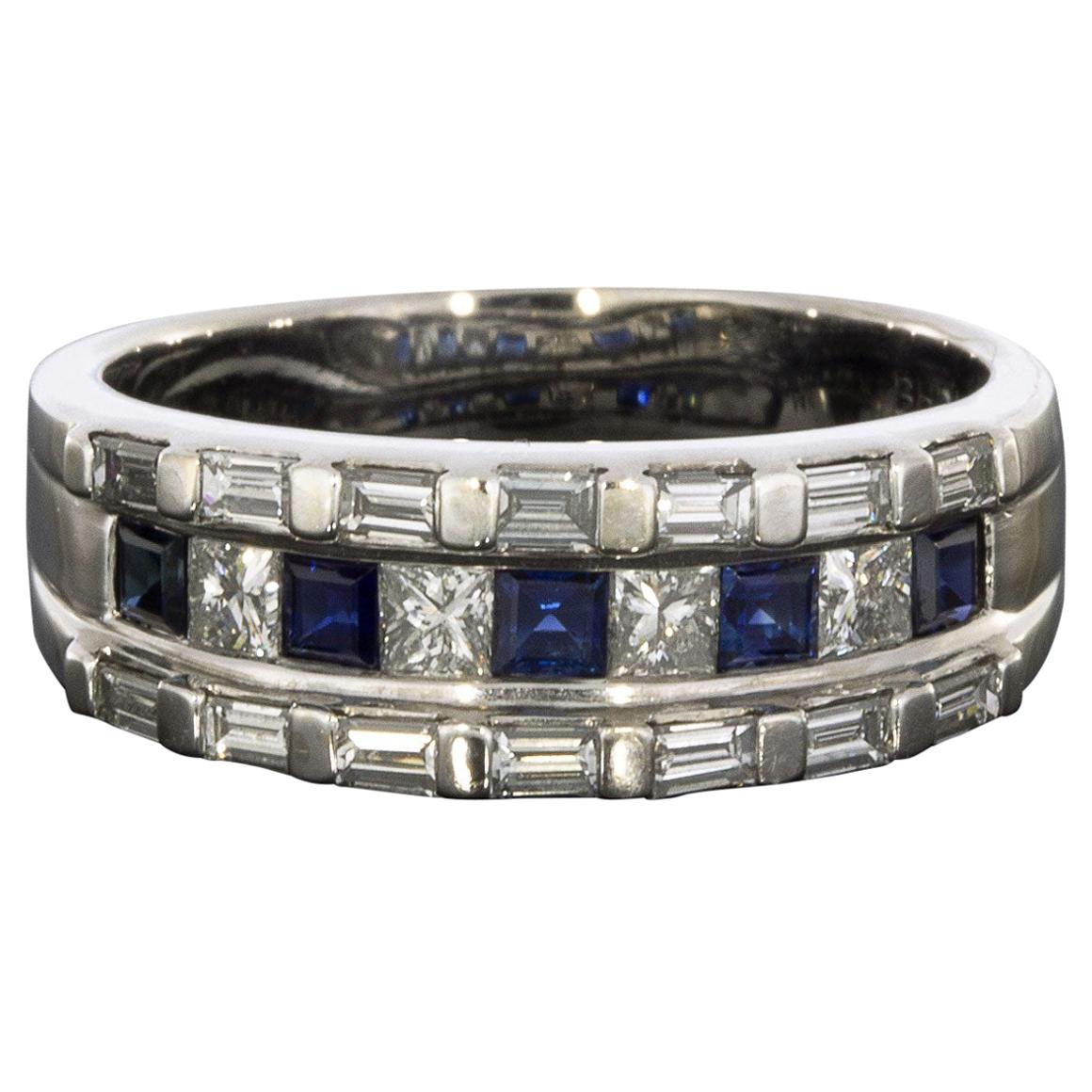 White Gold 1.33 Carat Sapphire and Diamond Baguette Frame Band Ring at
