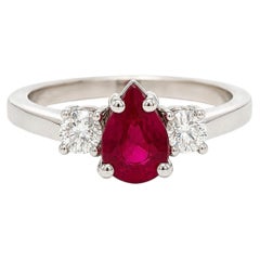 White Gold 1.36ctw GIA Burma Pear Cut Vivid Red Ruby w/ Round Diamond Sides Ring