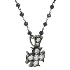 White Gold 13.78ctw Black & White Diamond Petite Cross Pendant Bead Necklace
