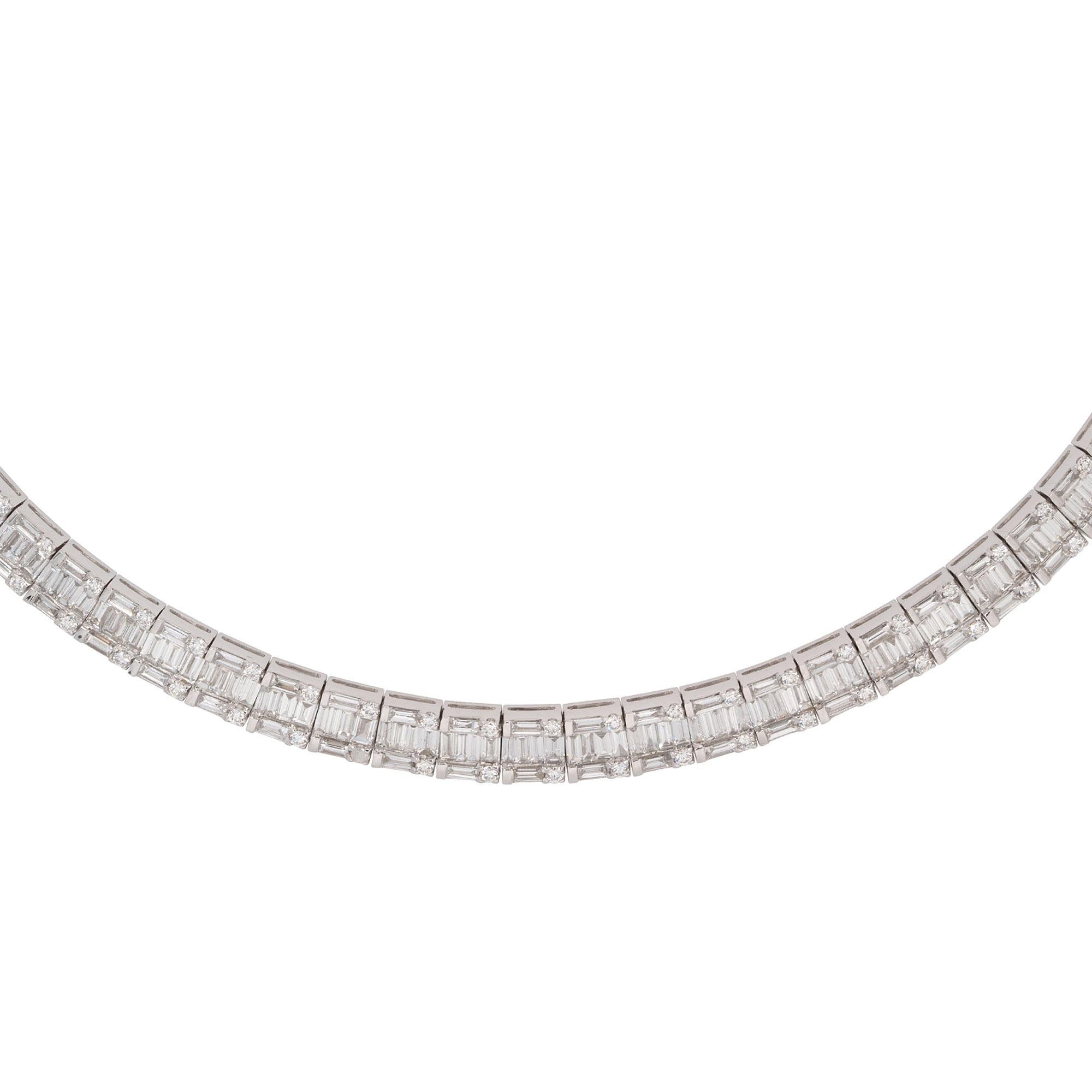 18k White Gold. 14.48ctw Round & Baguette Diamond Pave Necklace In New Condition For Sale In Boca Raton, FL