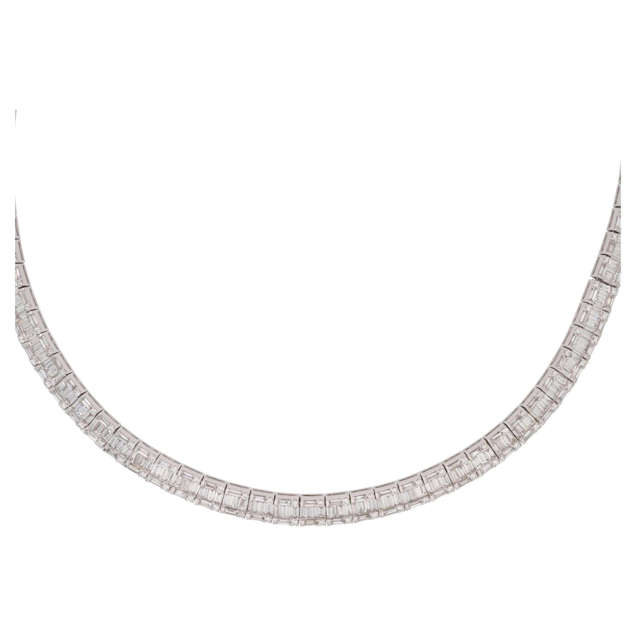 18k White Gold. 14.48ctw Round & Baguette Diamond Pave Necklace For Sale
