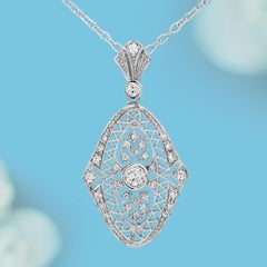 Diamond Filigree Pendant in Edwardian Antique-Inspired Style, White Gold