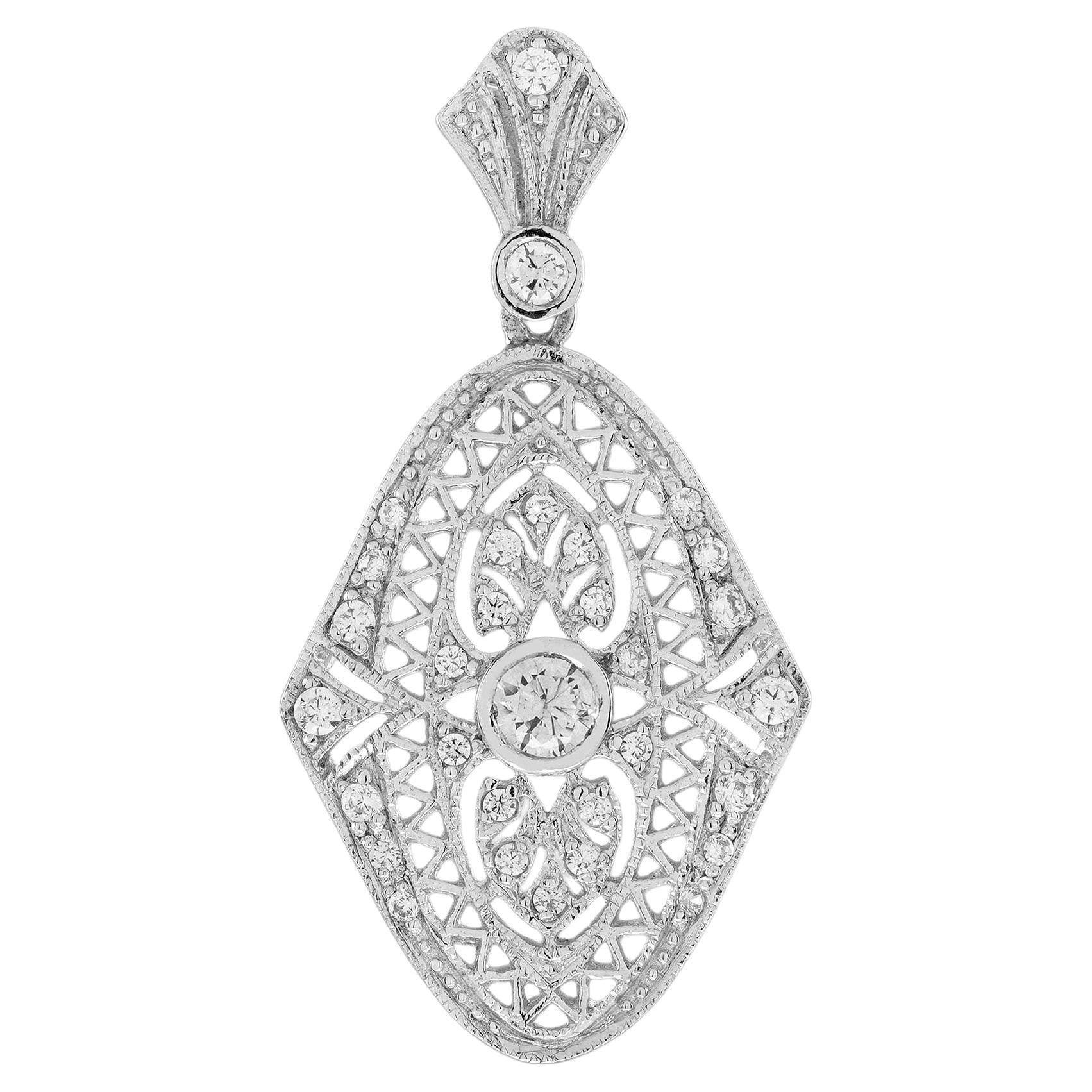 White Gold 14K Diamond Vintage Style Filigree Floral Pendant