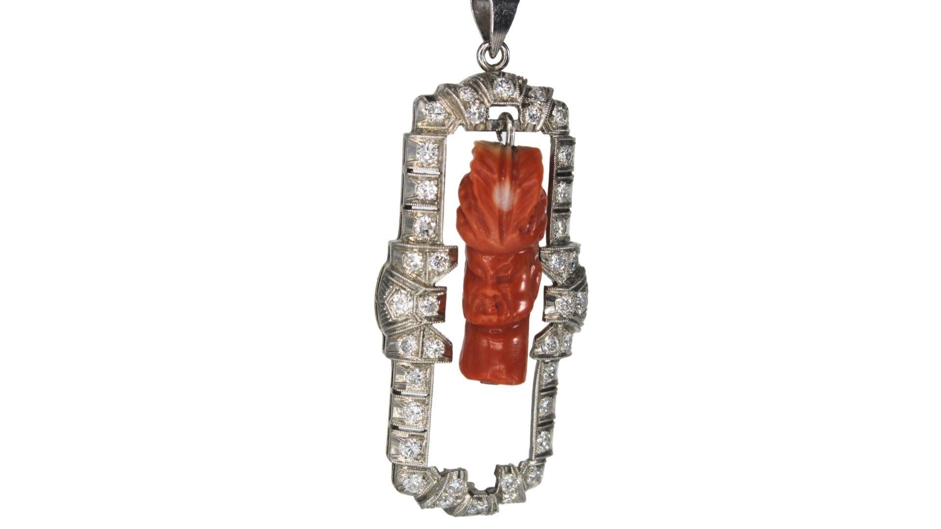 White Gold 14K Pedant With a Coral sculpted figure of a man In Excellent Condition For Sale In Tel Aviv, IL