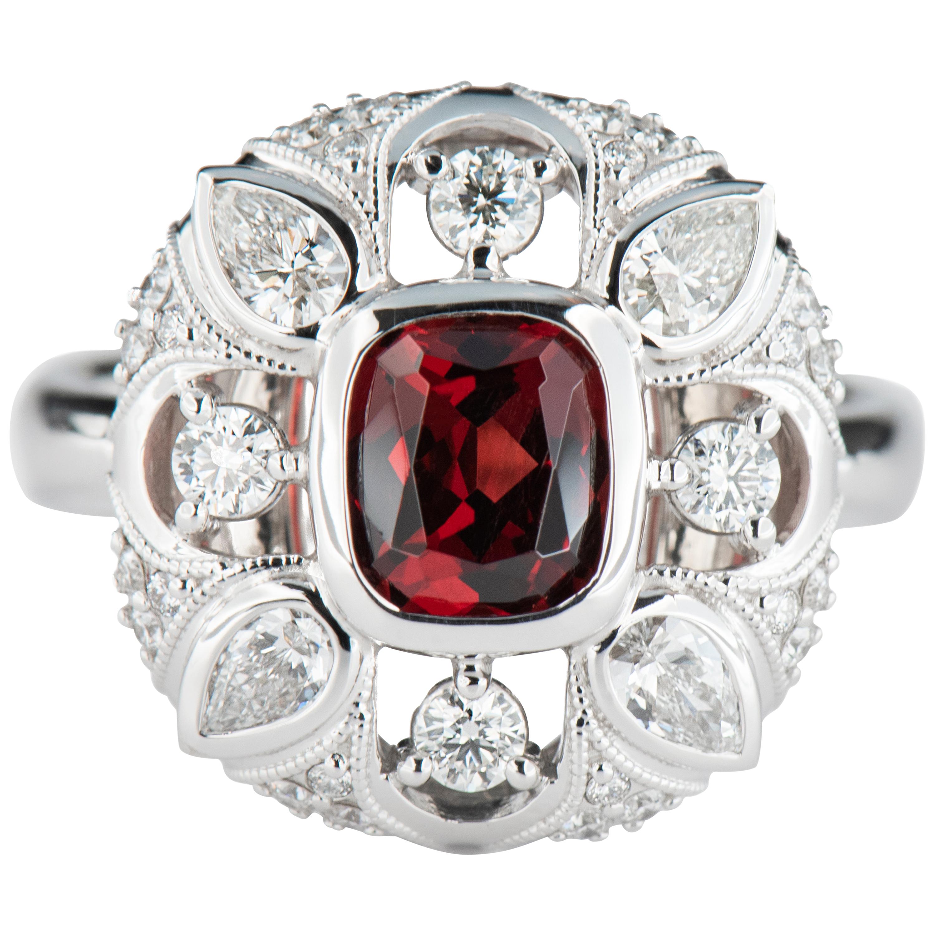 White Gold 1.51 Carat Cushion Red Spinel Cocktail Ring with Diamond Accents For Sale