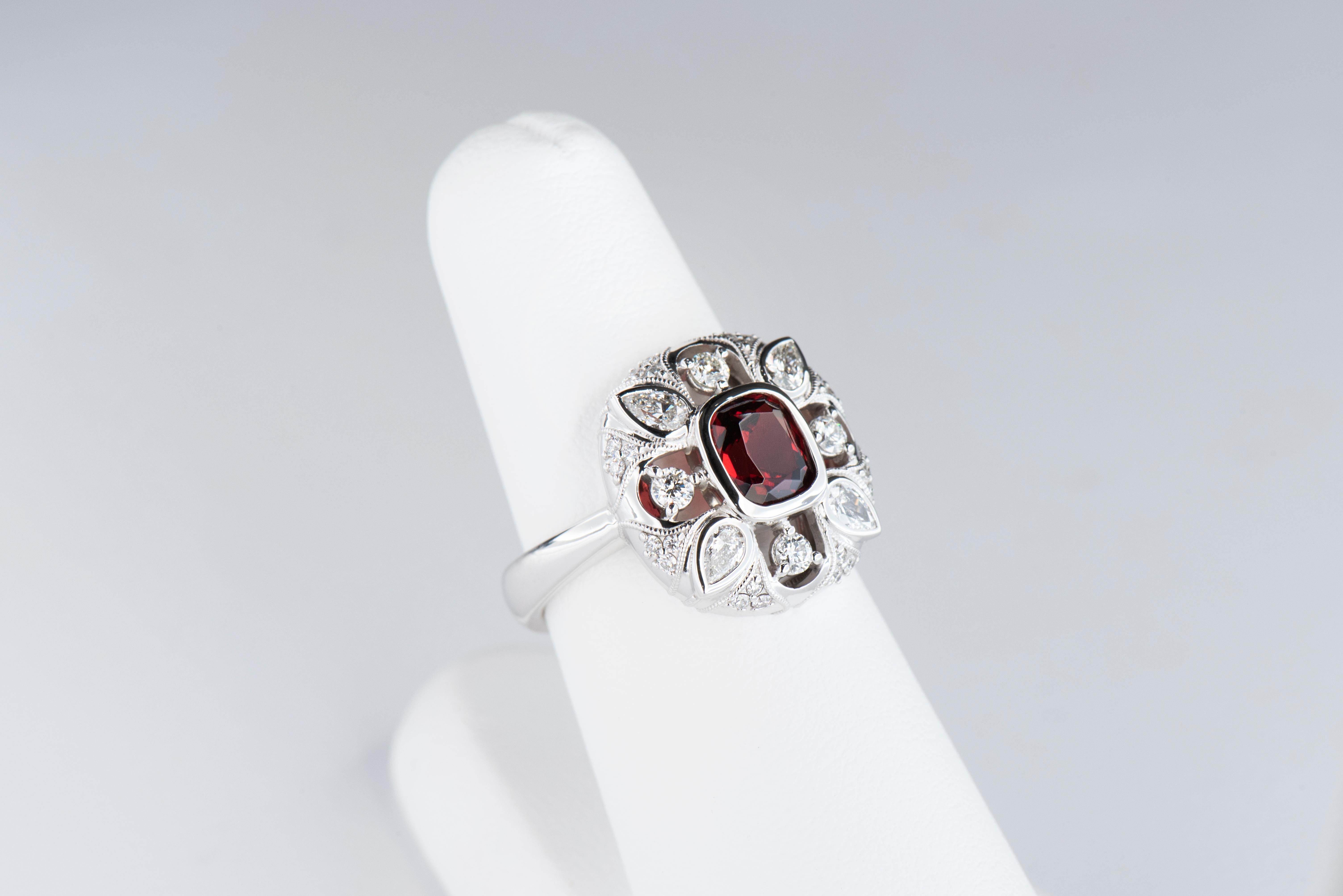 White Gold 1.51 Carat Cushion Red Spinel Cocktail Ring with Diamond Accents In New Condition For Sale In Lafayette, LA
