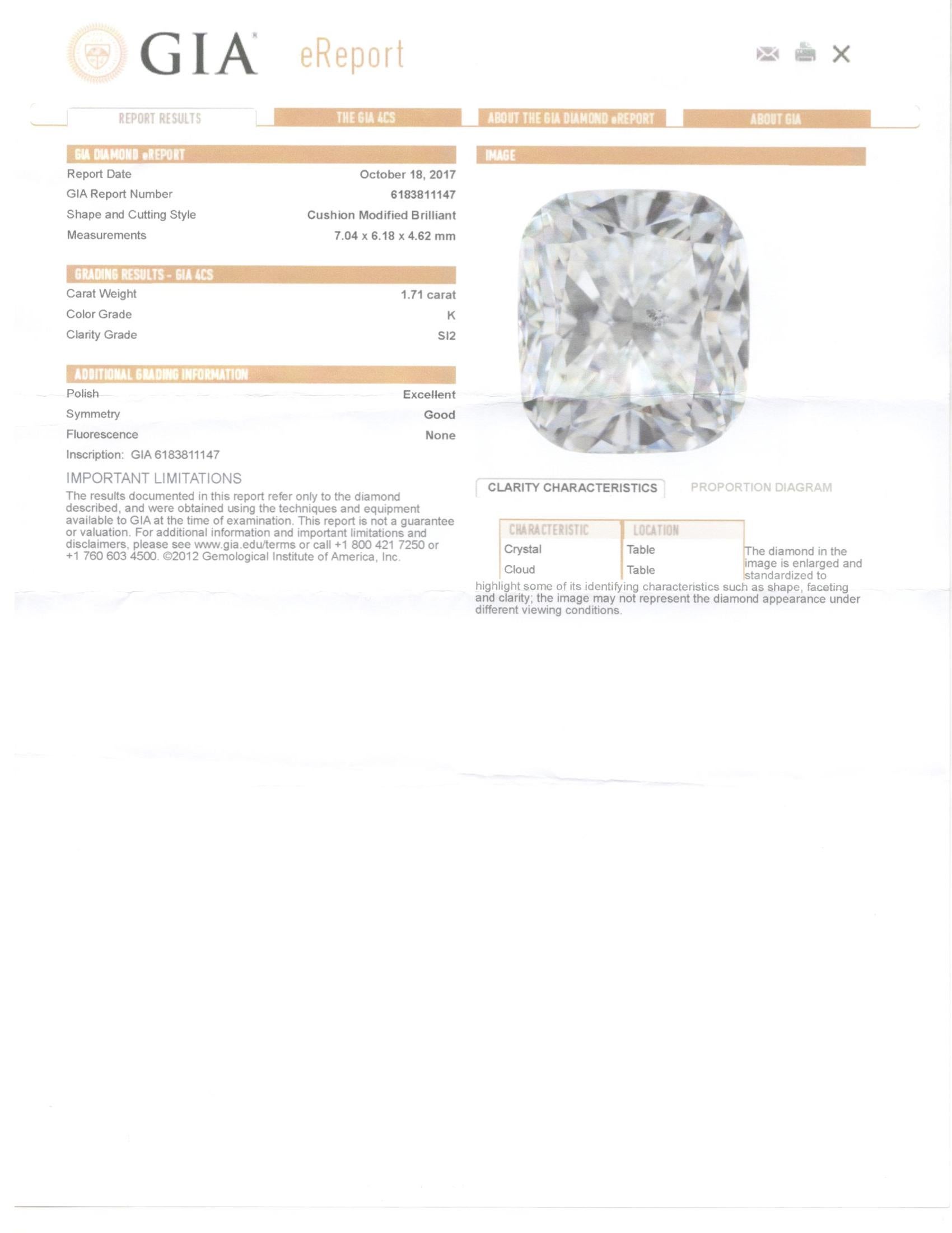 White Gold 1.71 Carat Cushion Cut Diamond Engagement Ring 5