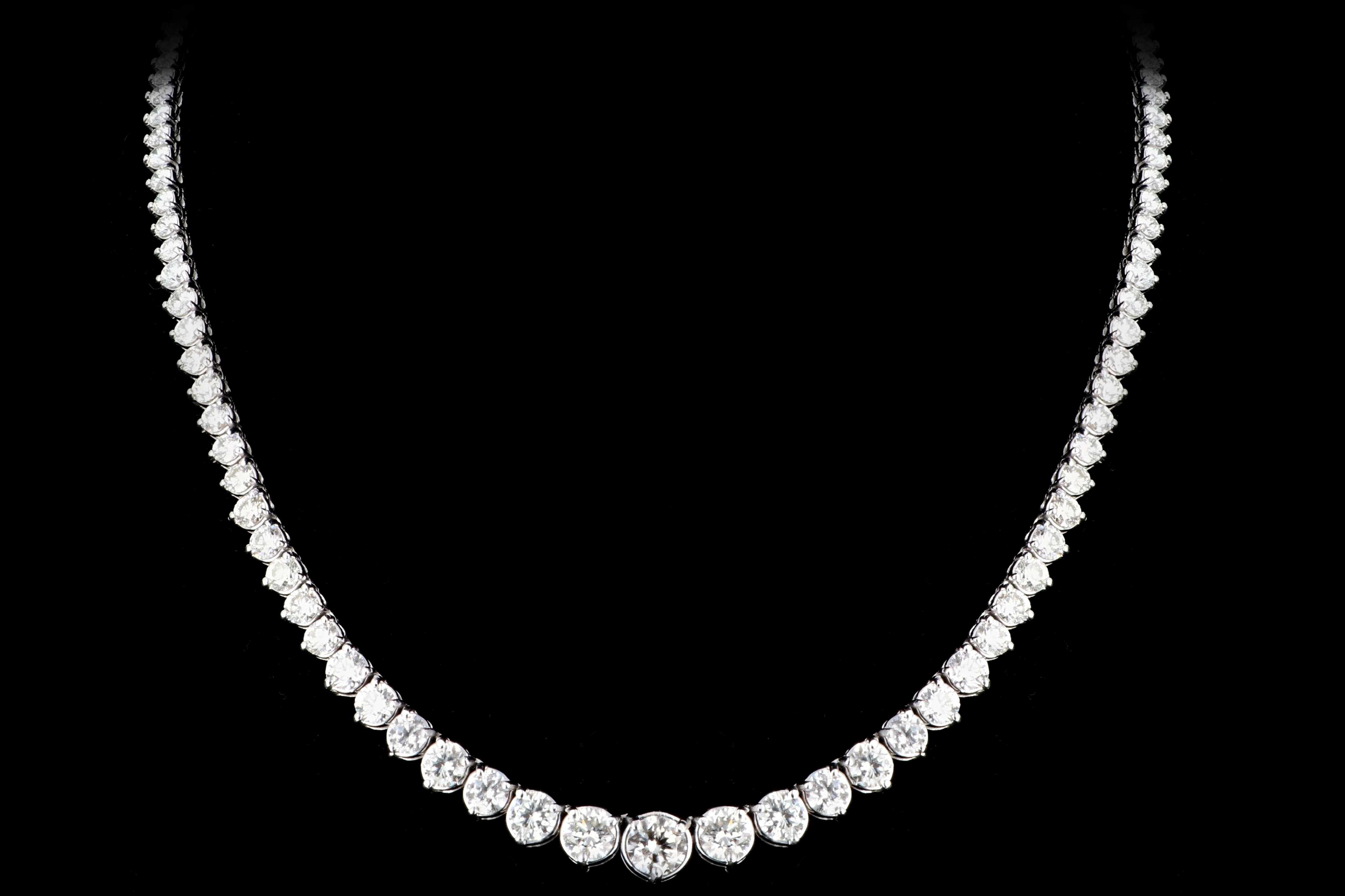 Era: New

Hallmarks: 14K

Composition: 14K White Gold

Primary Stone: Round Brilliant Diamonds

Total Carat Weight: 17.39 Carats

Color: H/I

Clarity: SI2

Necklace Weight: 32.6 Grams