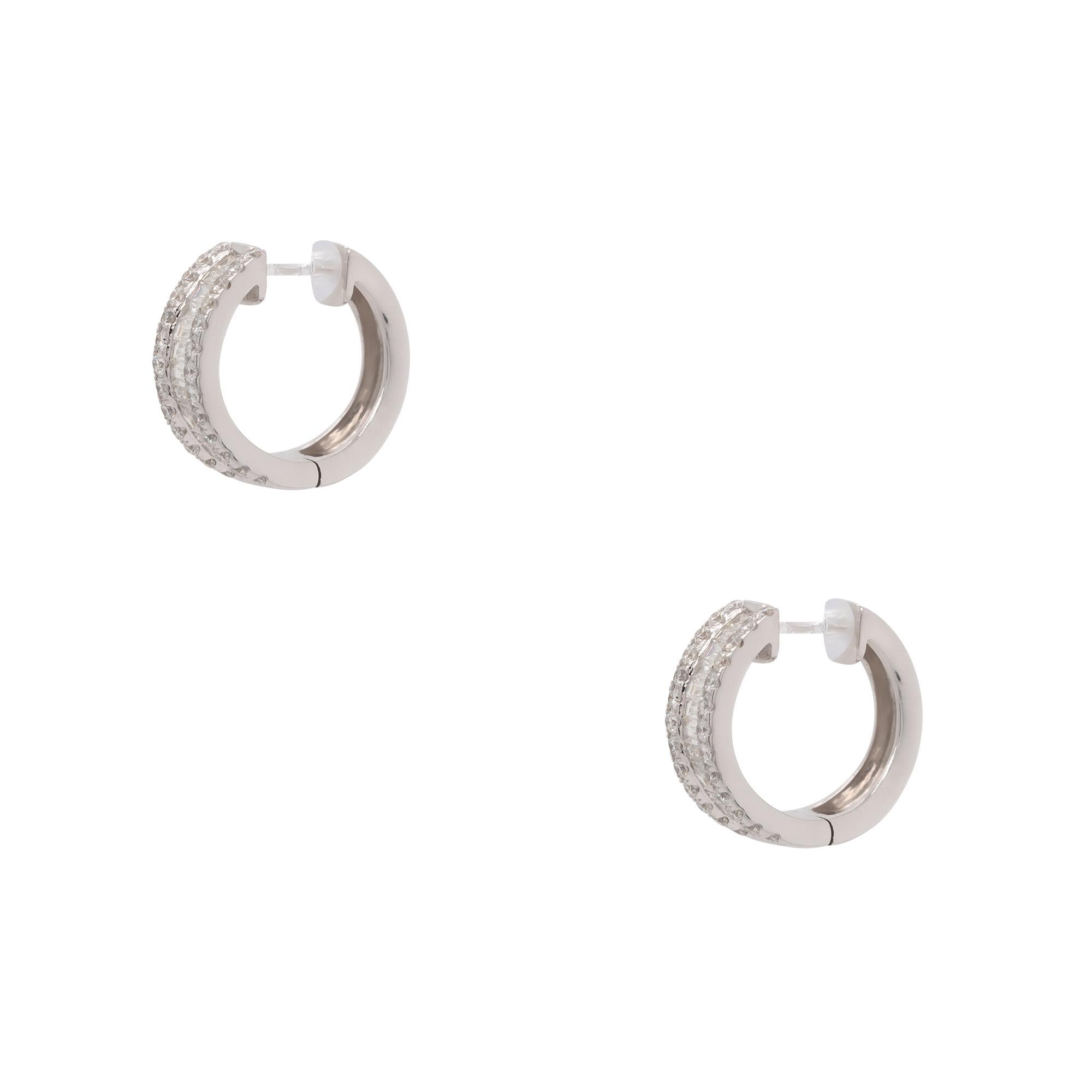 Baguette Cut 1.79 Carat Diamond Three Column Hoop Earrings 18 Karat in Stock  For Sale
