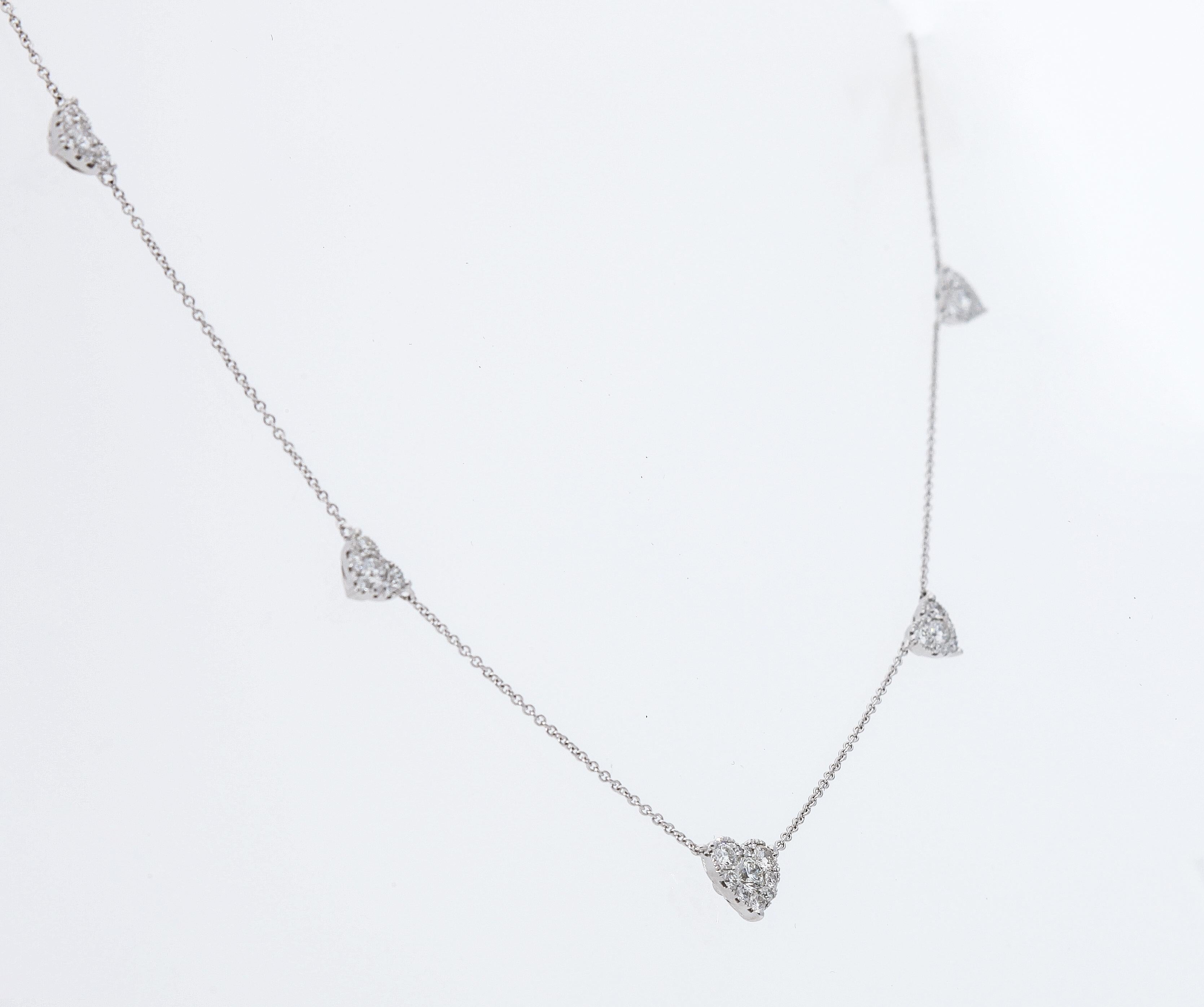 Chain necklace in 18 karat white gold and five drop pendant with diamonds
Total diamonds weight: 0.85 carat
Total length: 45 cm / 17.7 inch

The necklace has an additional ring for different neck size. You can change the length from 45 cm/ 17.7 inch