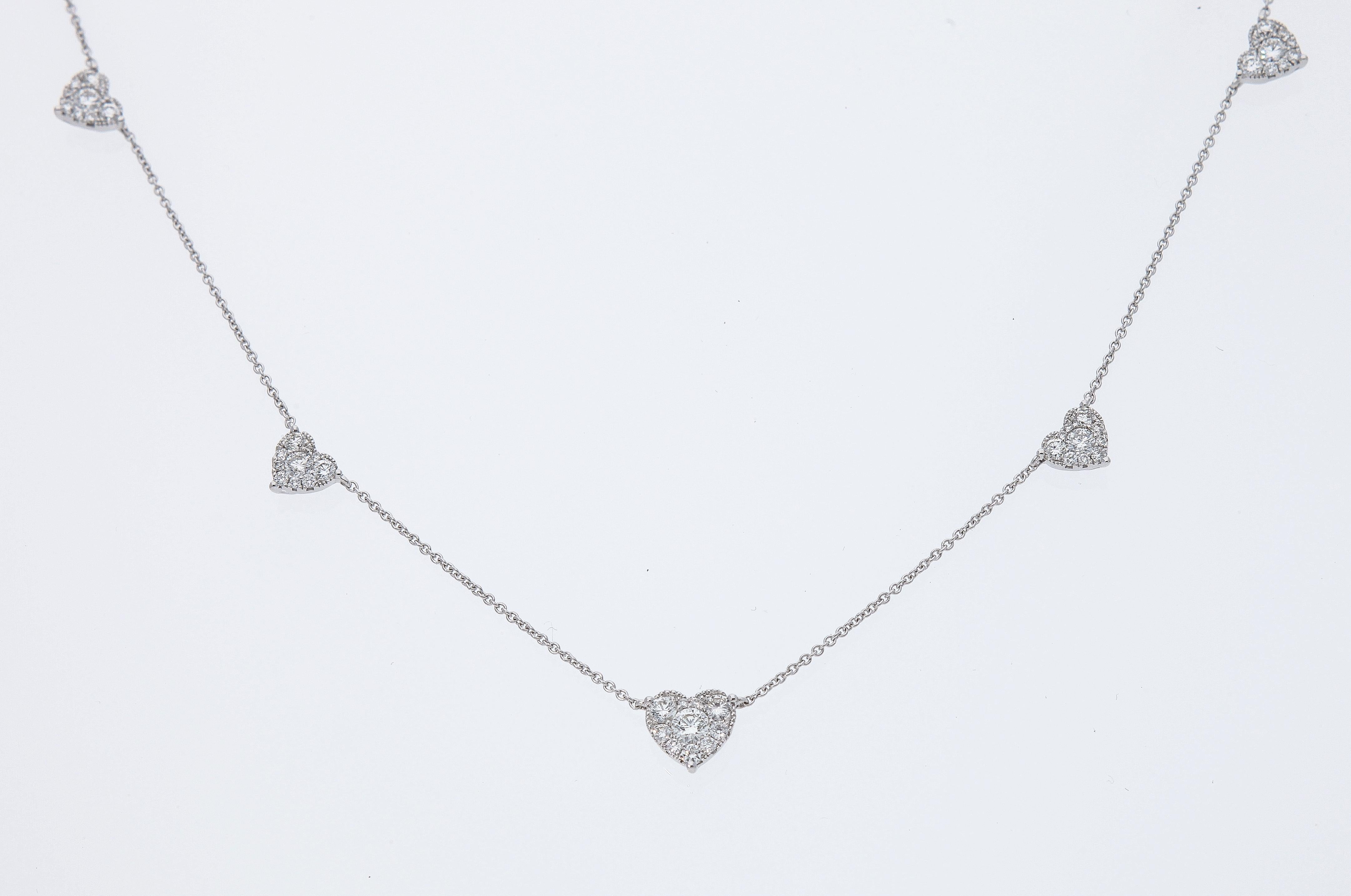 Round Cut White Gold 18 Karat Chain Necklace with Five Heart Pendants with Diamonds For Sale