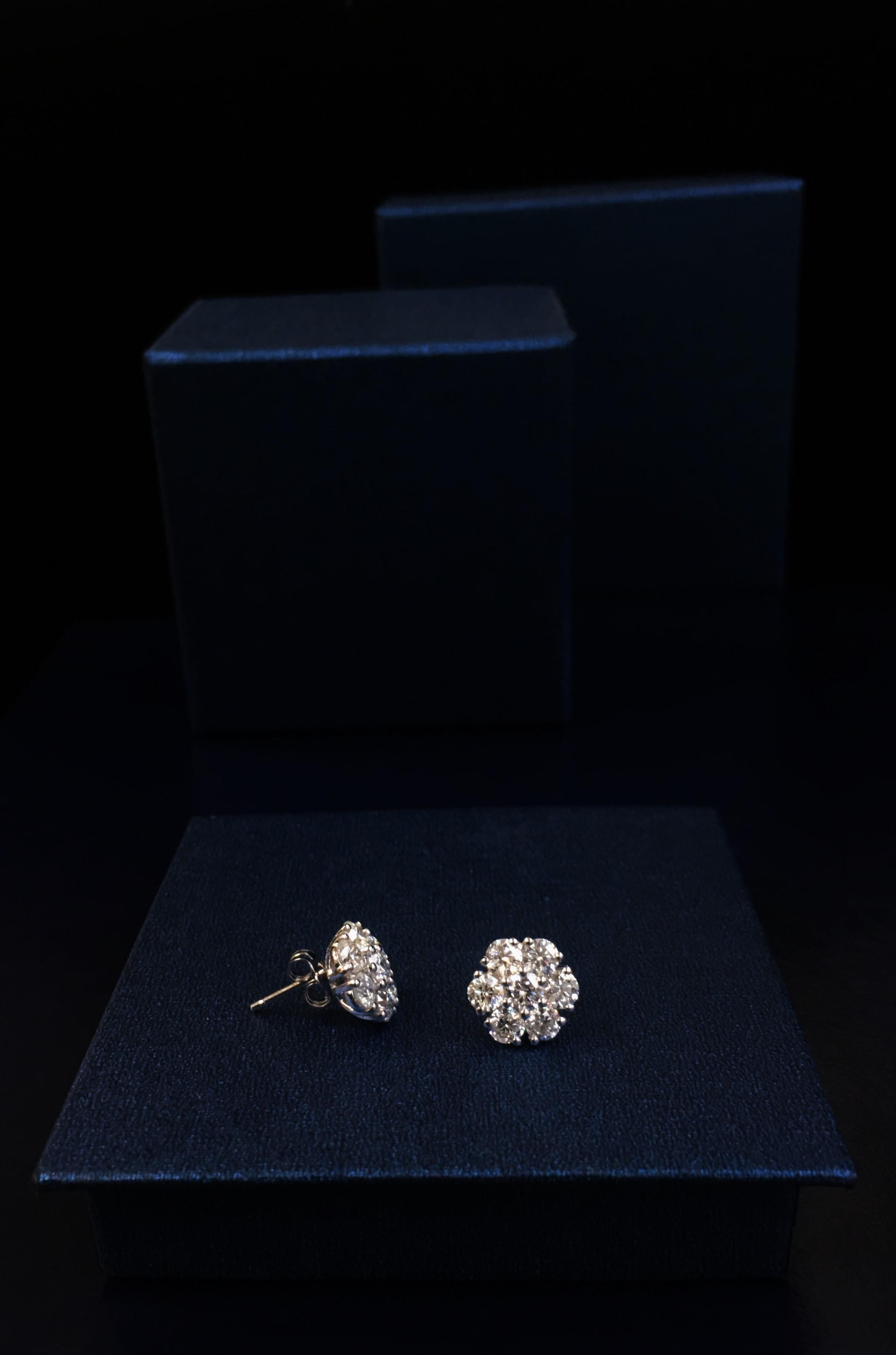 18 karat white gold cluster diamond earrings feature 2.50 cts round brilliant cut diamonds

This product comes with a certificate of appraisal
This product will be packaged in a custom box

Composition:
18kt white gold
 2.50 cts diamonds