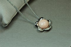 White Gold 18 Kt. Necklace Double Chain Central Flower Pink Coral and Diamonds