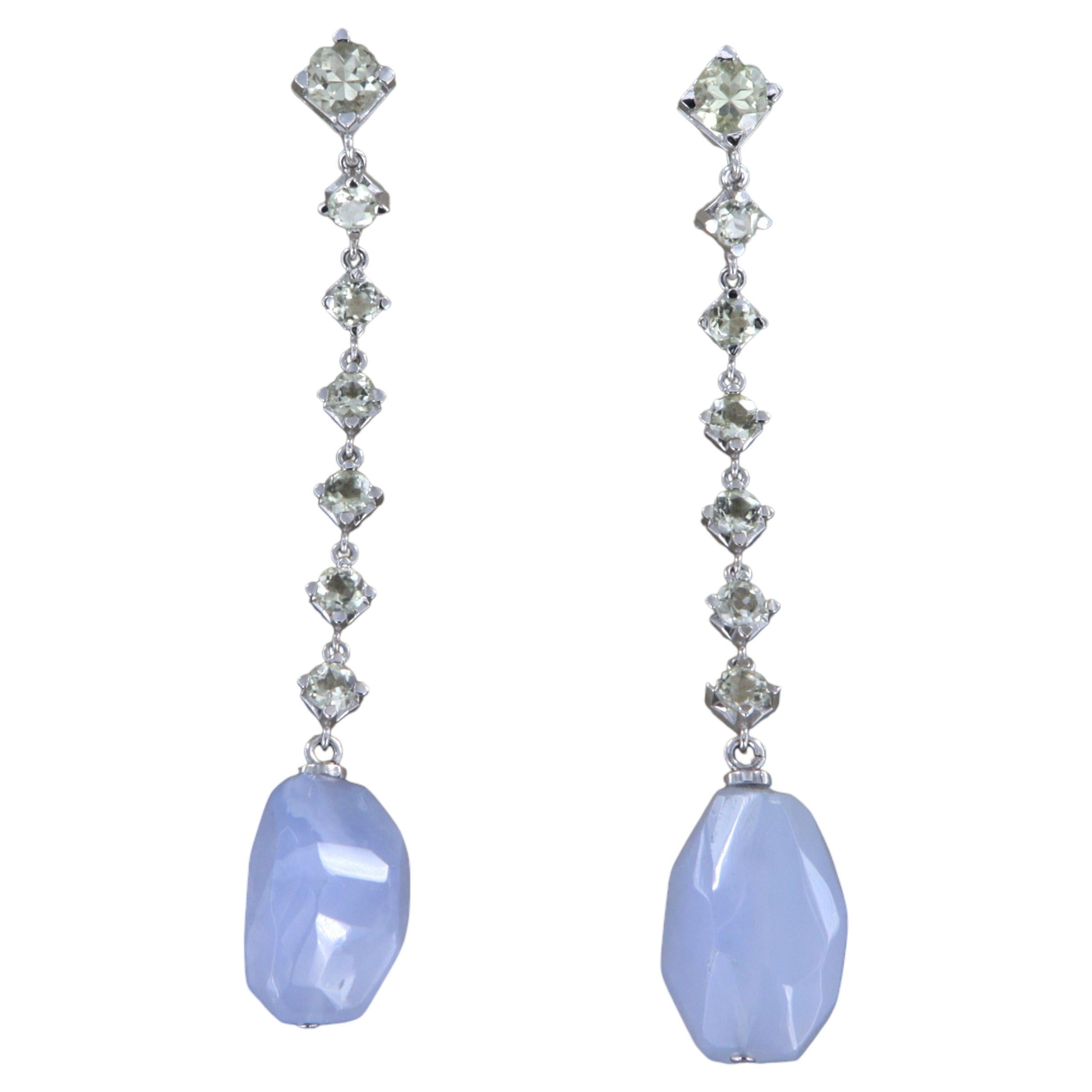 18K White Gold Dangle Earrings with Lemon Quartz and Chalcedony, 8.4 cm
