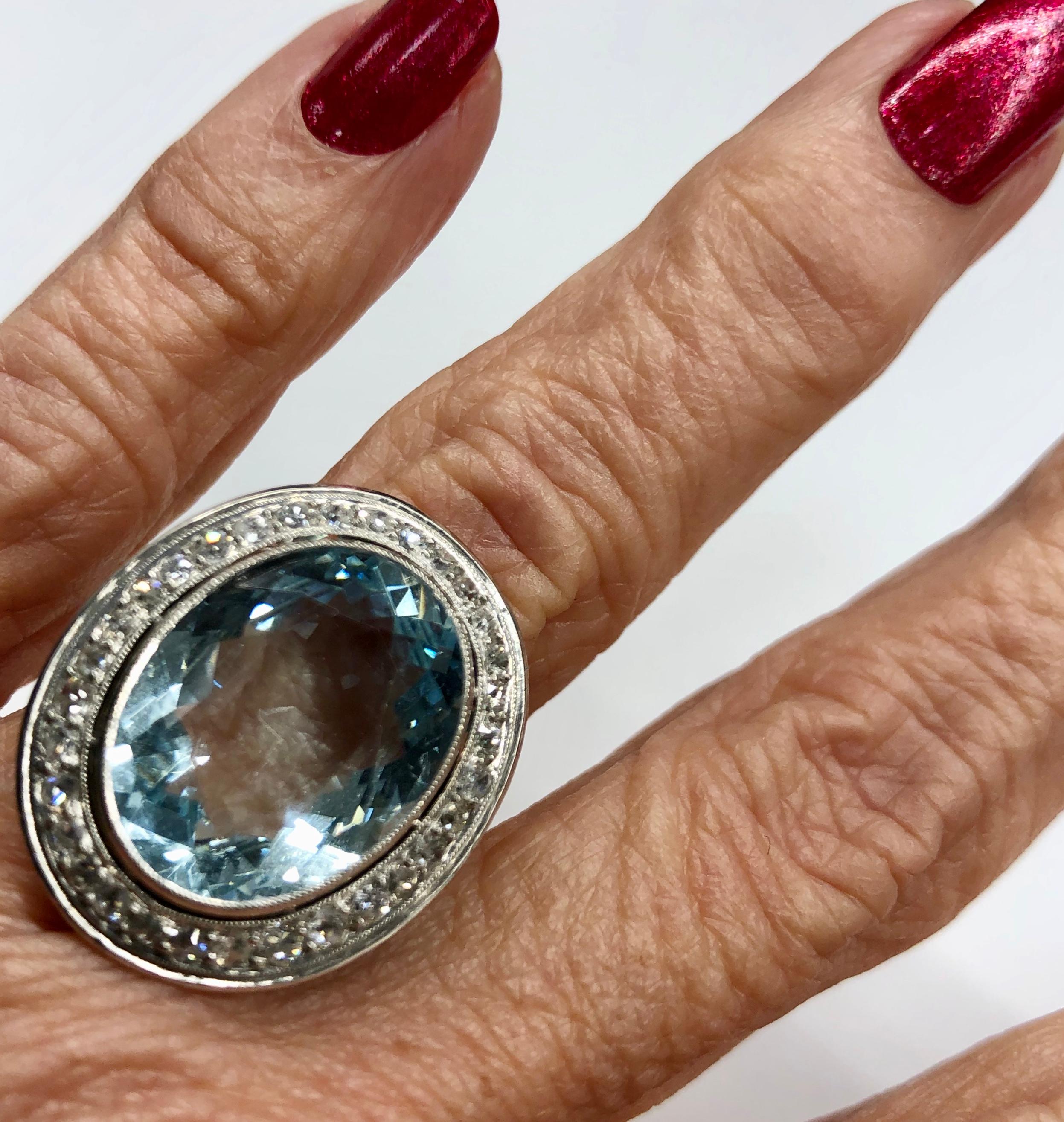 Mixed Cut 1940s Aquamarine and Diamond Ring in 18K White Gold For Sale