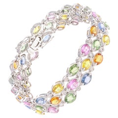 White Gold 20 Carat Multi-Color Mixed Cut Natural Sapphire and Diamond Bracelet