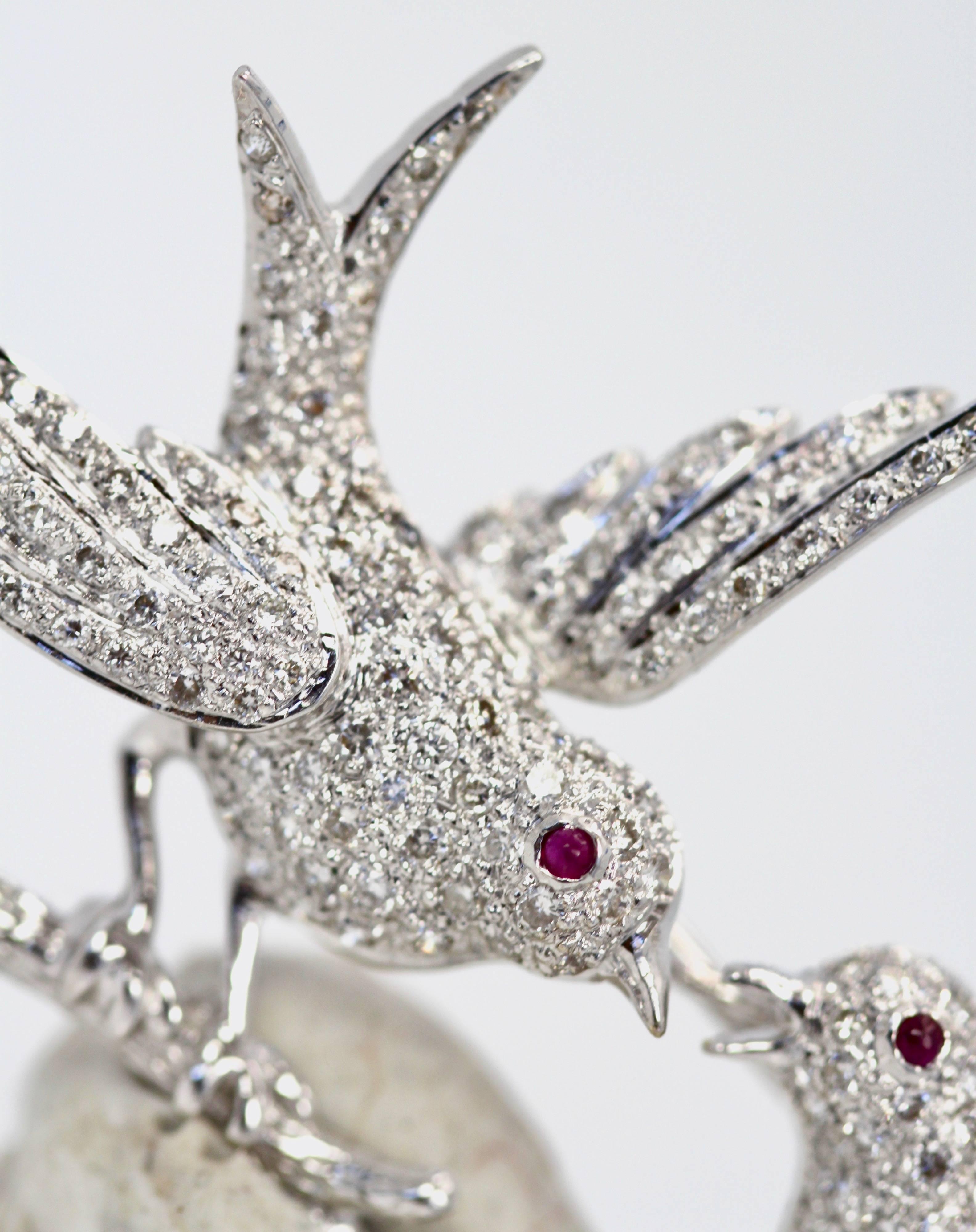 White Gold 2.00 Carat Diamond Double Bird Brooch Ruby Eyes 18 Karat In Good Condition In North Hollywood, CA