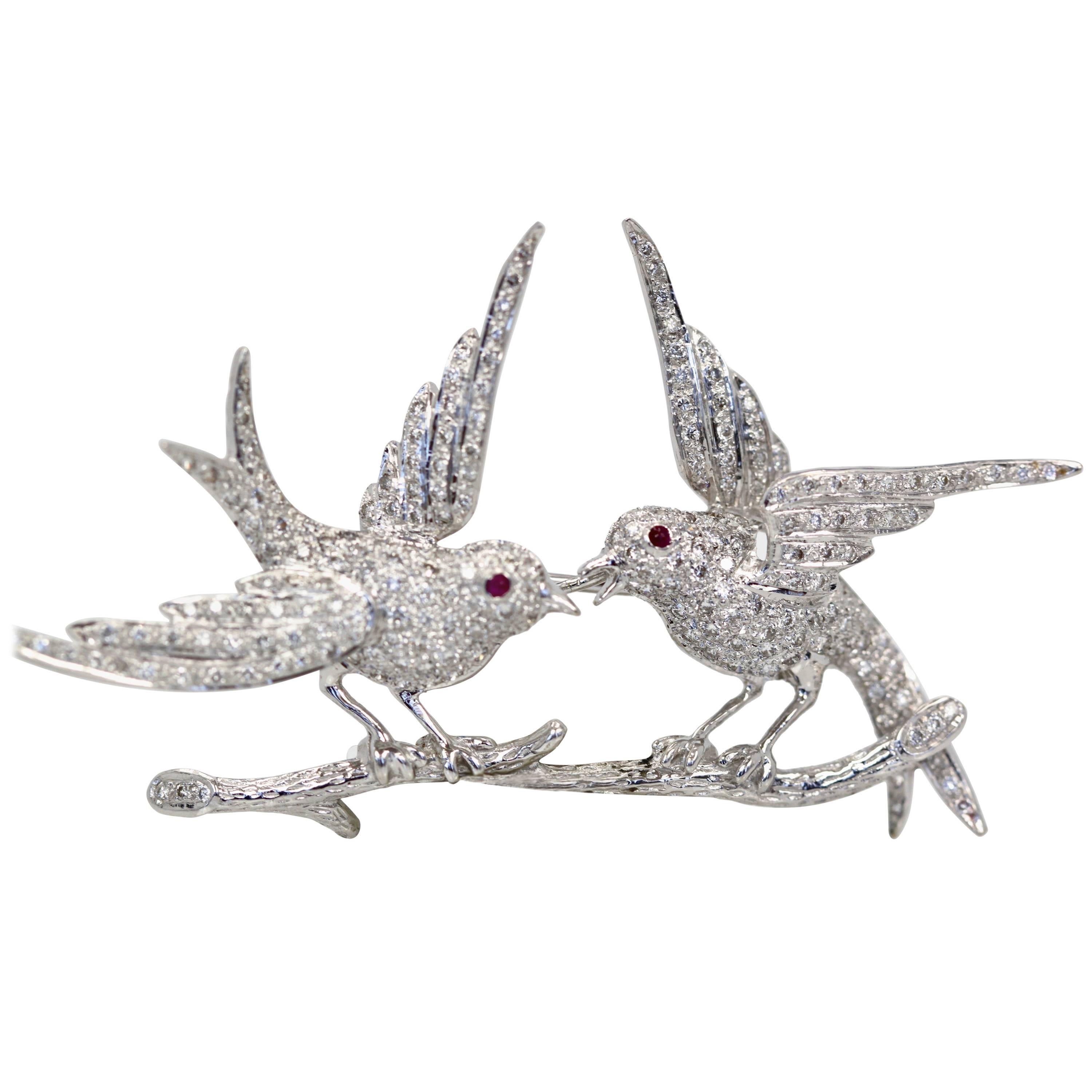 White Gold 2.00 Carat Diamond Double Bird Brooch Ruby Eyes 18 Karat