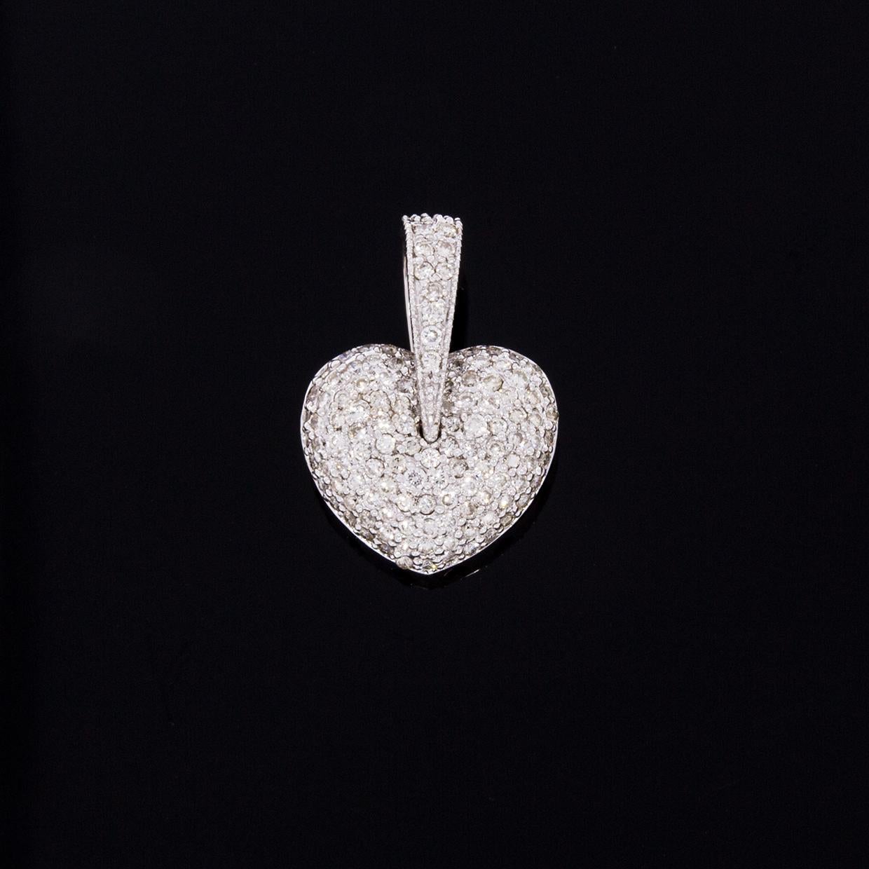 Round Cut White Gold 2.00 Carat Pave Diamond Puffed Heart Pendant