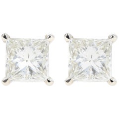 White Gold 2.10 Carat Princess Cut Diamond Stud Earrings