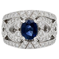 White Gold 2.15ctw Oval Sapphire Diamond Wide Open Work Cigar Band Ring