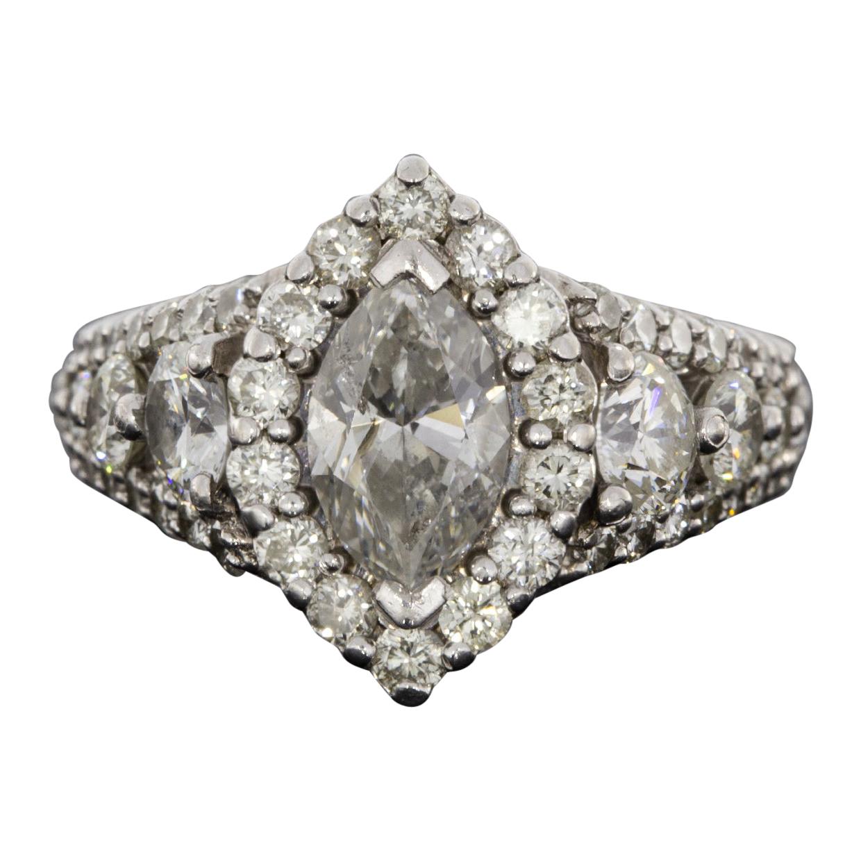 White Gold 2.88 Carat Marquise Diamond Halo Engagement Ring