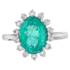 White Gold 3 Carat Emerald Engagement Ring, Unique Emerald Diamond Wedding Ring
