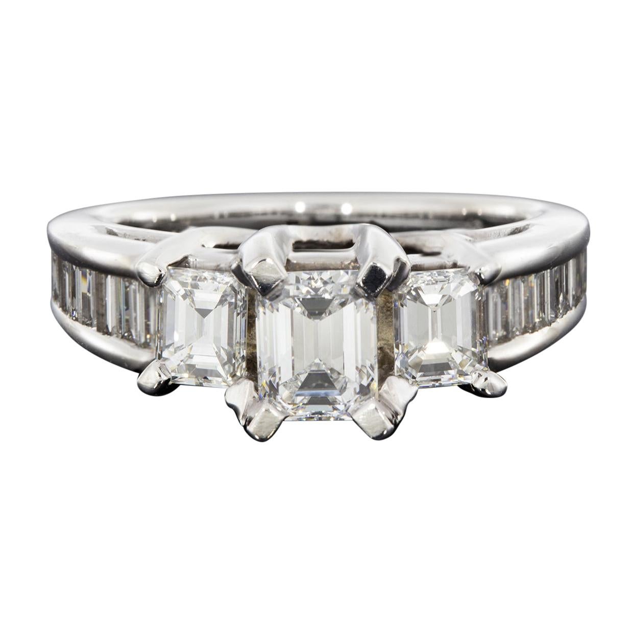 White Gold 3.00 Carat Emerald Diamond Three-Stone Engagement Ring For Sale