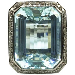 White Gold 30.14 Carat Aquamarine, Sapphire and Diamond Ring