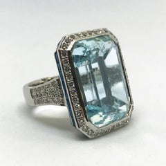 White Gold 30.14 Carat Aquamarine, Sapphire and Diamond Ring
