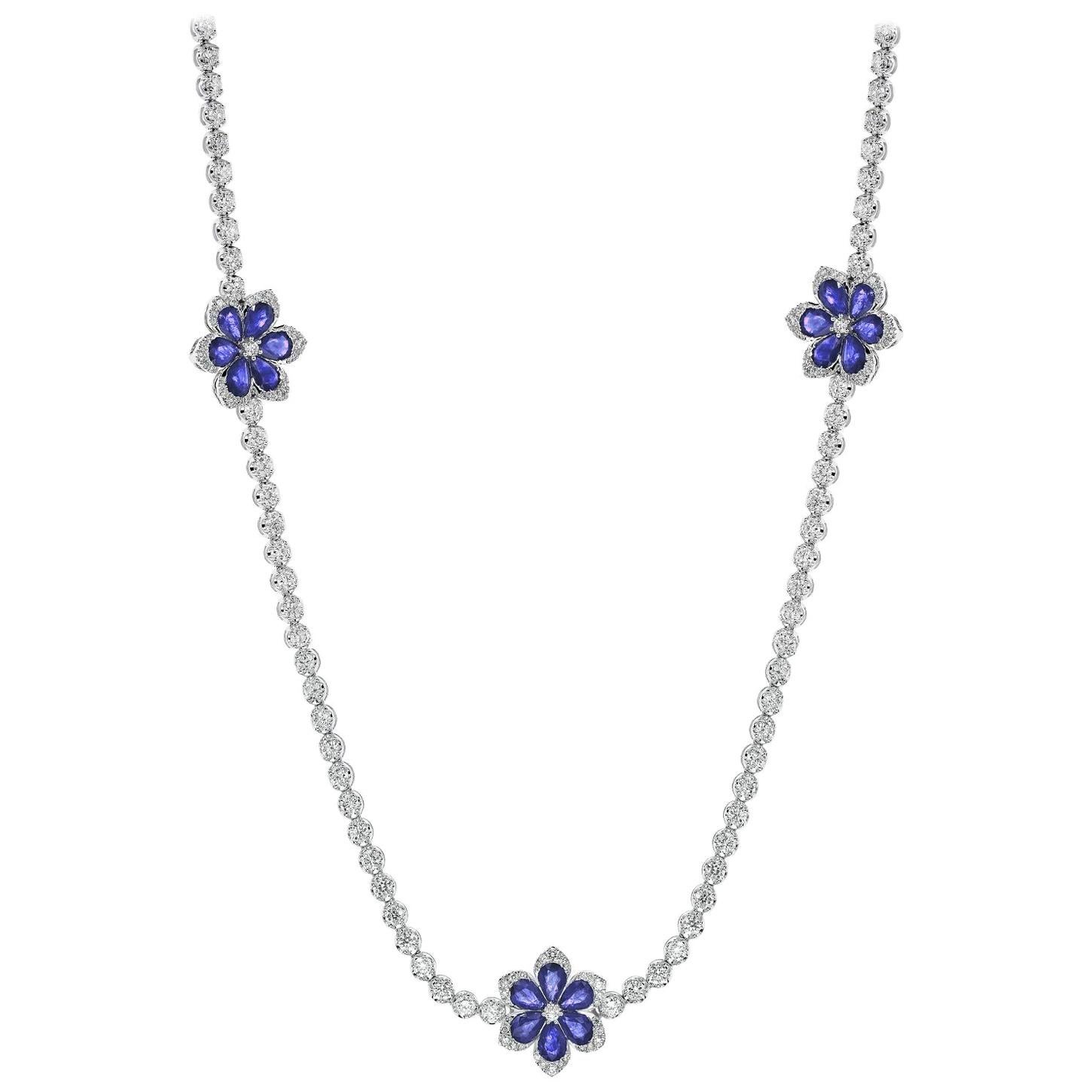 White Gold 30.50 Carat Long Sapphire Diamond Flower Necklace For Sale