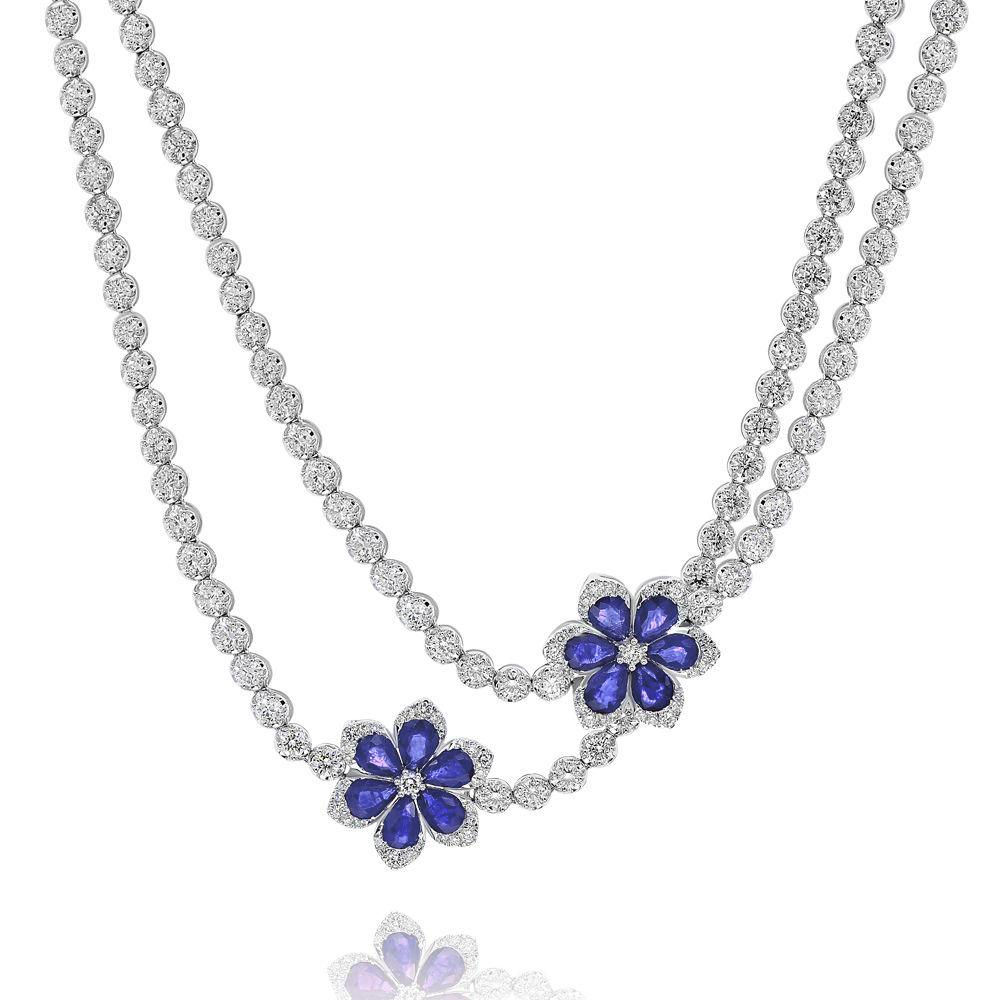 Round Cut White Gold 30.50 Carat Long Sapphire Diamond Flower Necklace For Sale