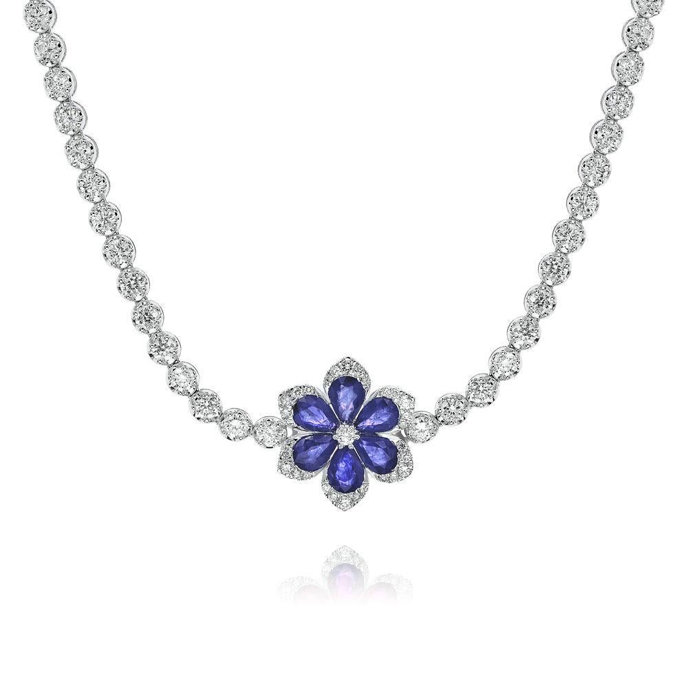 White Gold 30.50 Carat Long Sapphire Diamond Flower Necklace In New Condition For Sale In New York, NY