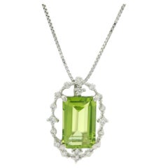 White Gold 3.24ctw Long Emerald Peridot Diamond Halo Pendant Adjustable Necklace